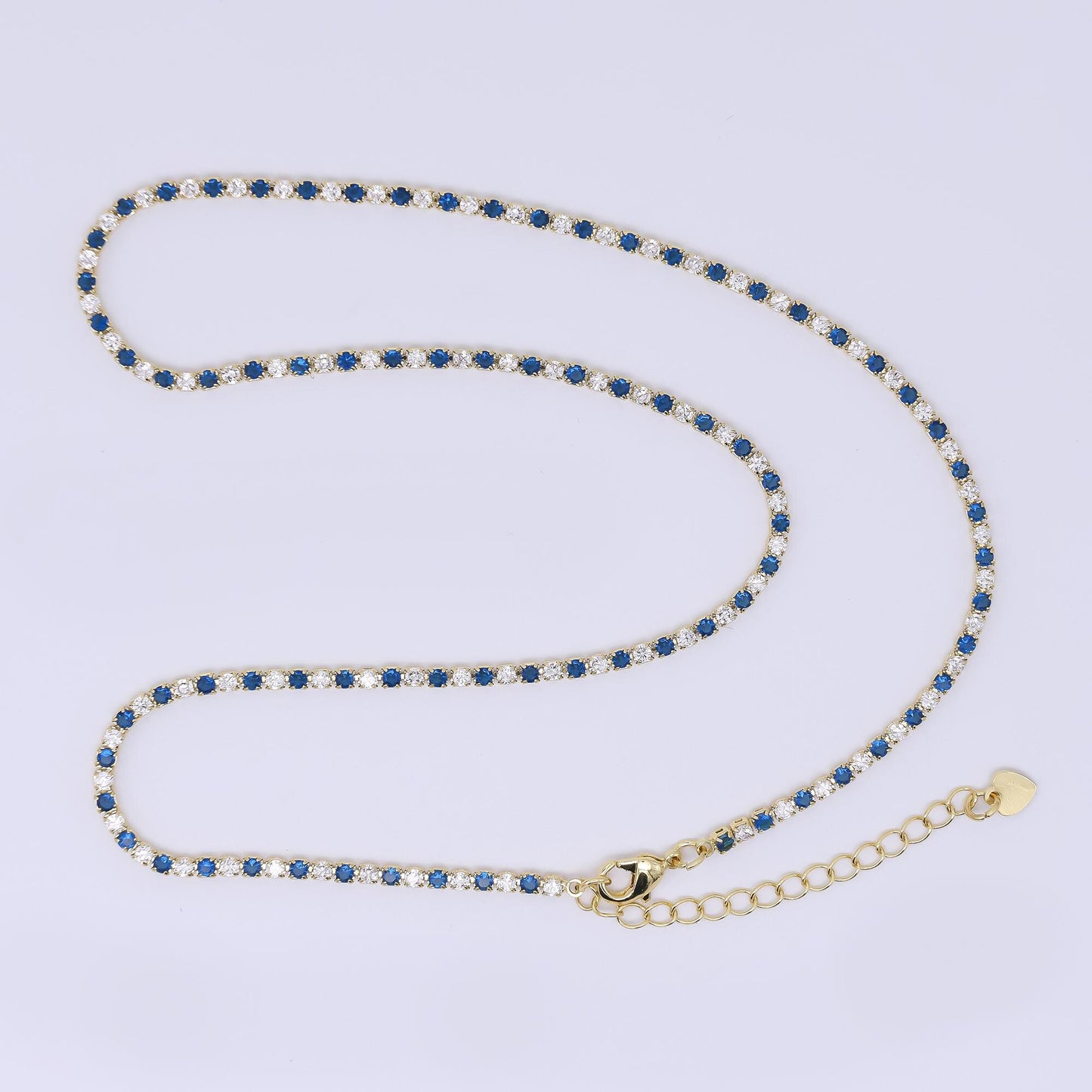 24K Gold Filled 2.2mm Green, Blue Round CZ Alternating Two Colors Tennis Chain 16 Inch Necklace with Extender | WA-3810 - WA-3811