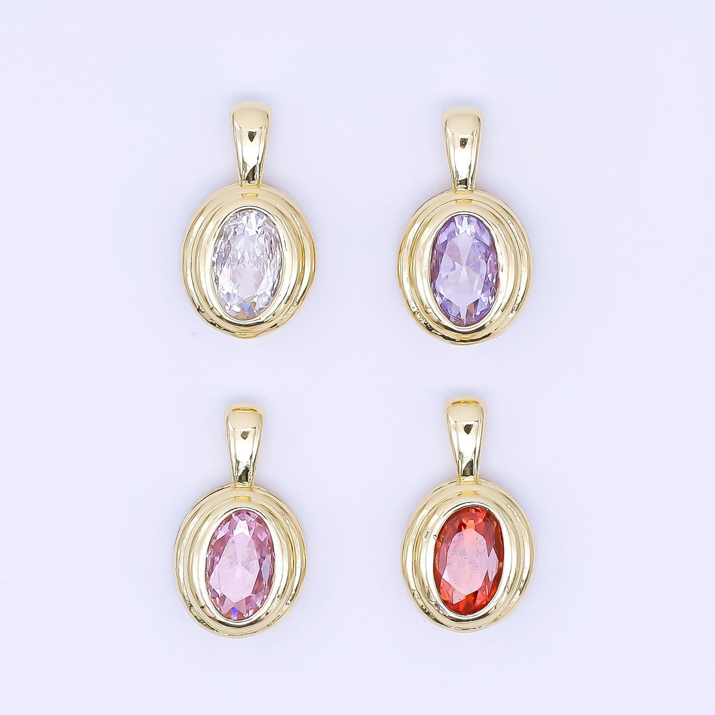 24K Gold Filled 12.5mm Pink, Purple, Orange CZ Bezel Outline Oval Pendant | AH479 AH480