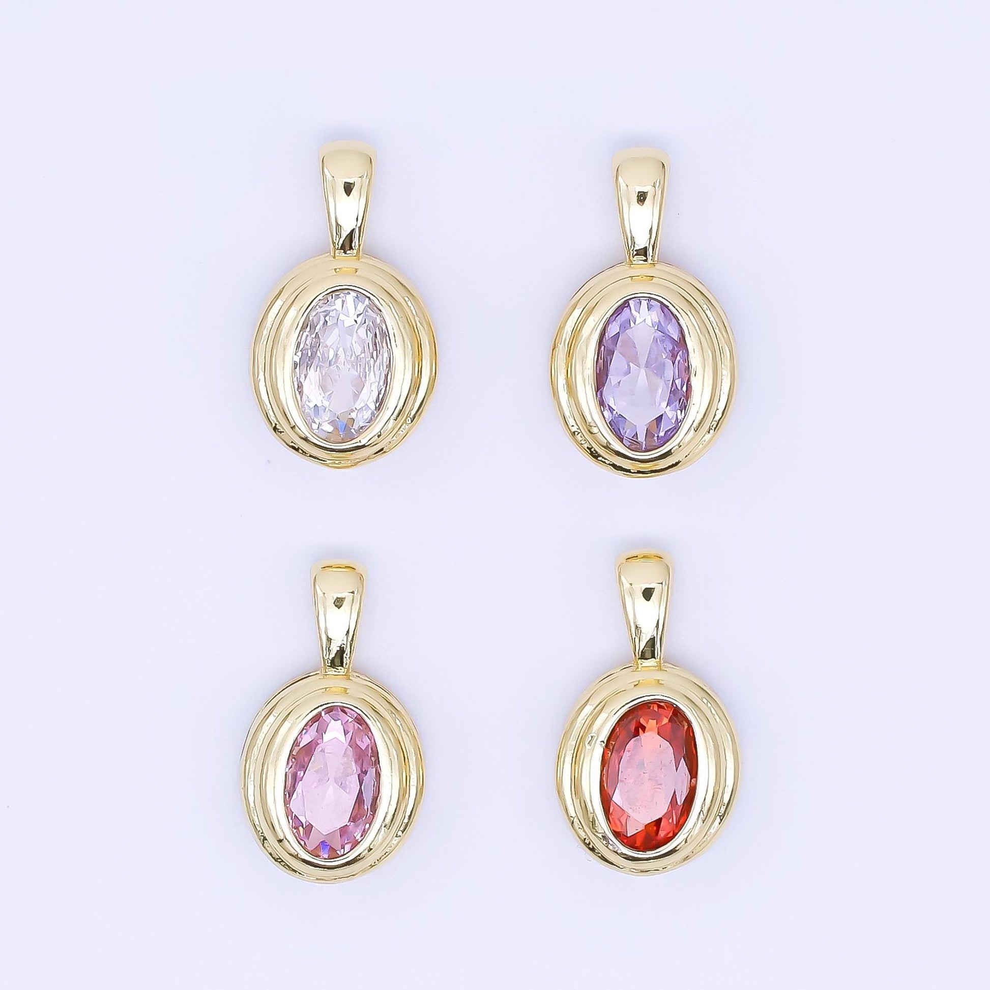 24K Gold Filled 12.5mm Pink, Purple, Orange CZ Bezel Outline Oval Pendant | AH479 AH480