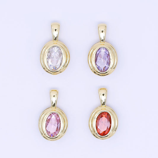 24K Gold Filled 12.5mm Pink, Purple, Orange CZ Bezel Outline Oval Pendant | AH479 AH480