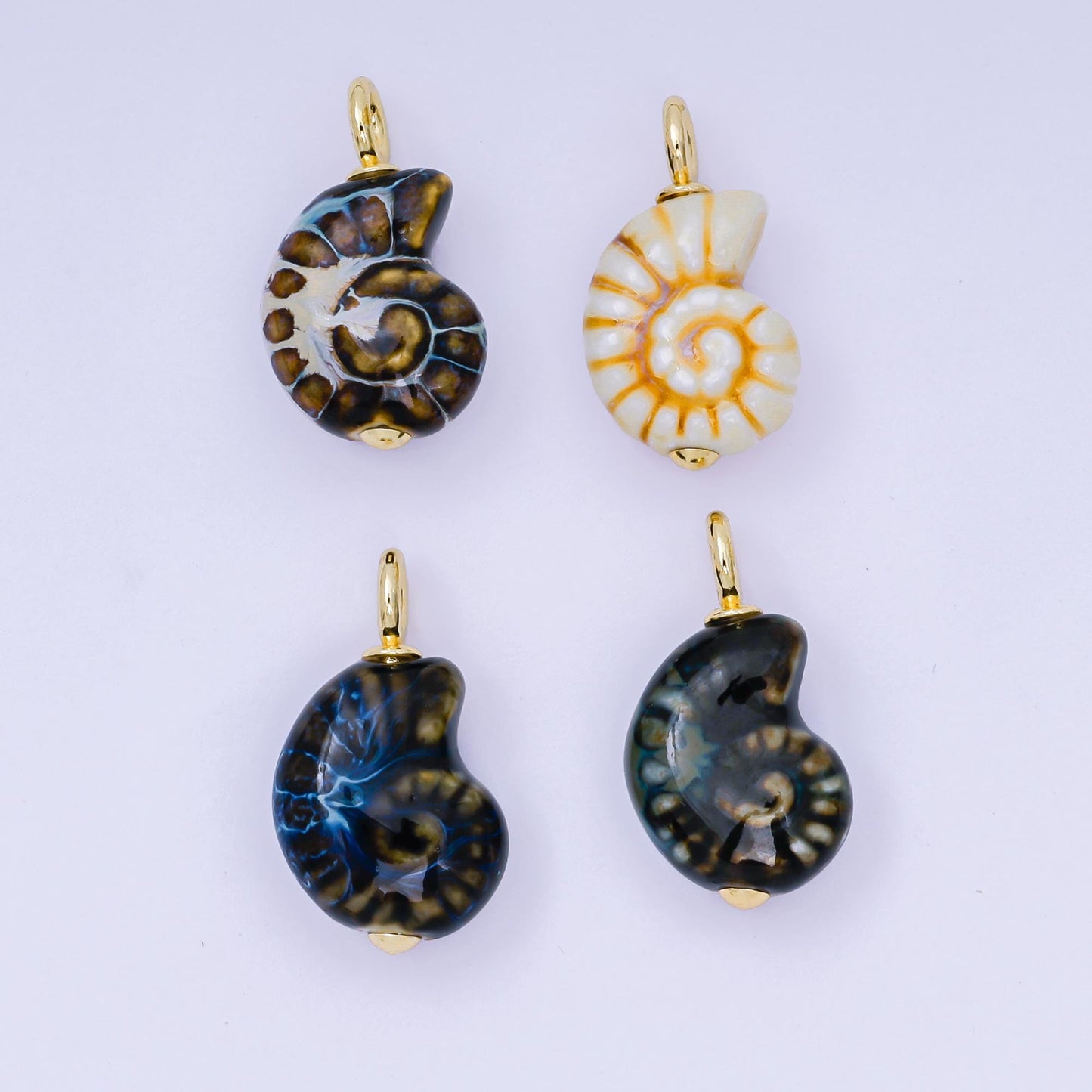 24K Gold Filled 29mm Brown, Blue, Black Ceramics Nautical Conch Shell Charm | AF1270 AF1271