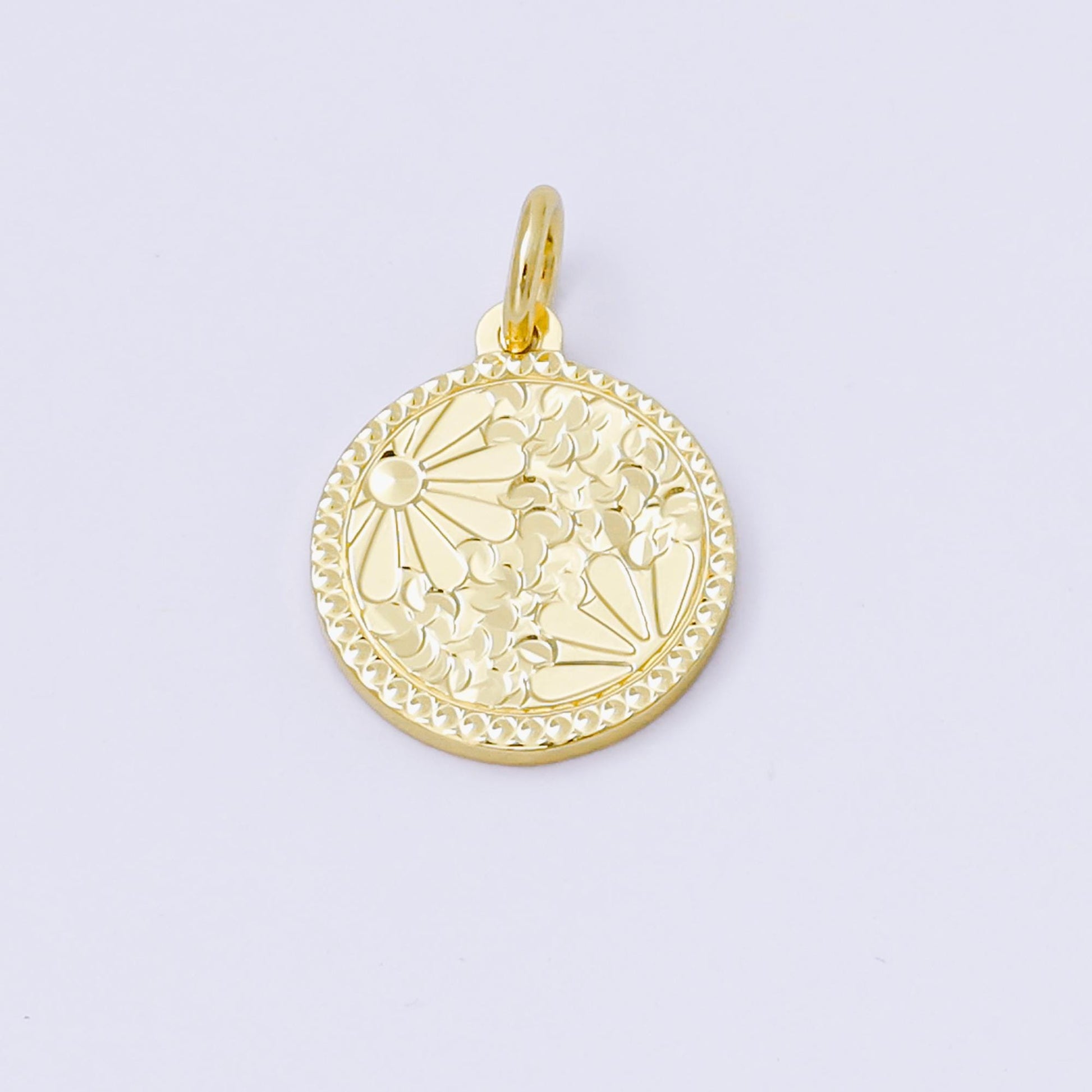 24K Gold Filled 14mm Floral Medallion Coin Charm | AF1249