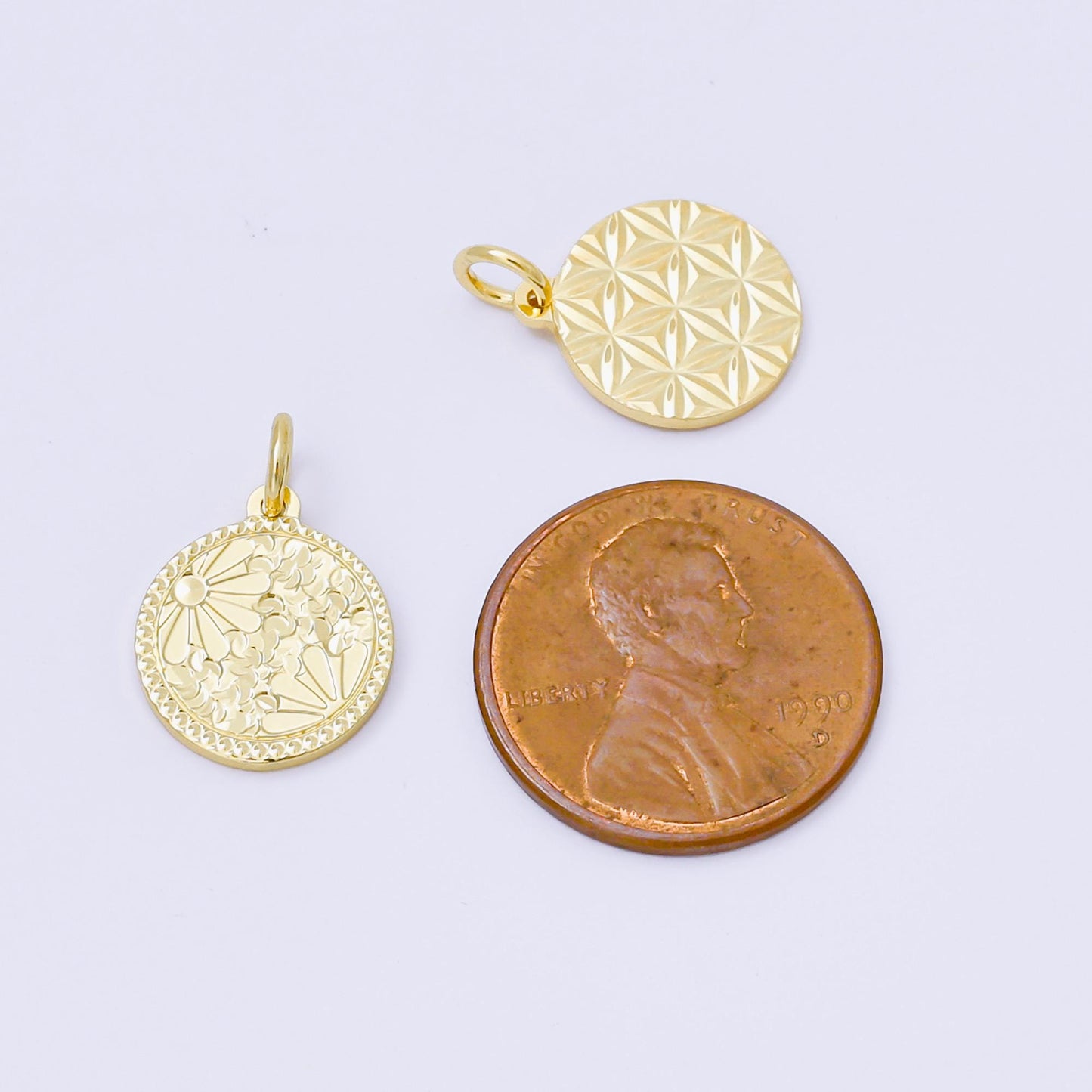 24K Gold Filled 14mm Floral Medallion Coin Charm | AF1249