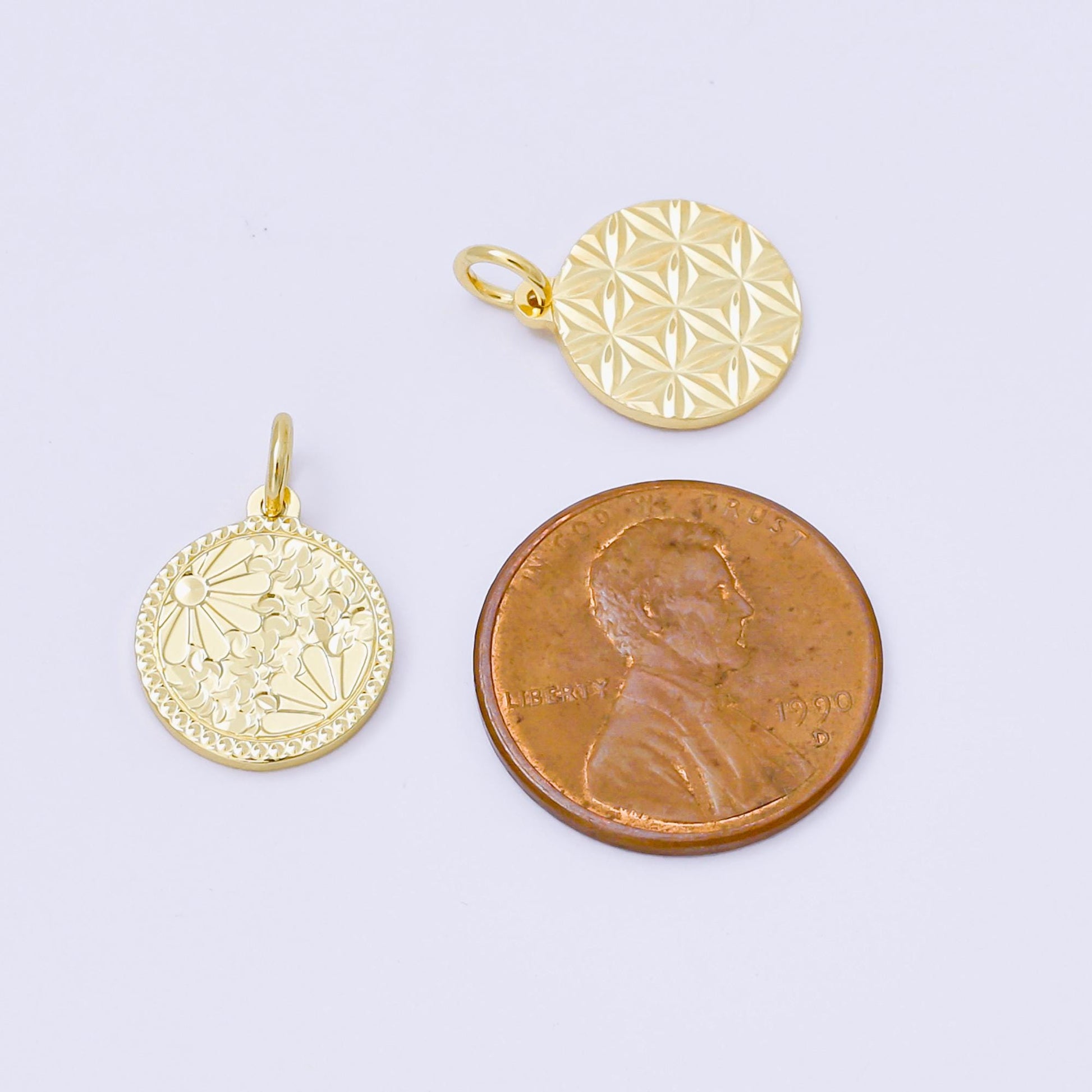 24K Gold Filled 14mm Floral Medallion Coin Charm | AF1249