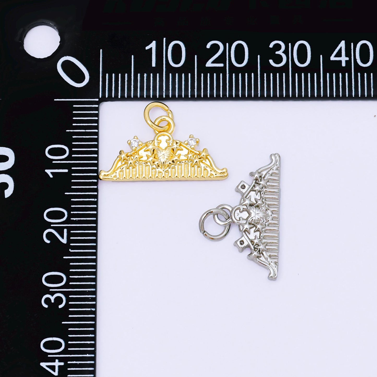 24K Gold Filled 10mm Twin Round CZ Lovely Tiara Charm in Gold & Silver | AF1251