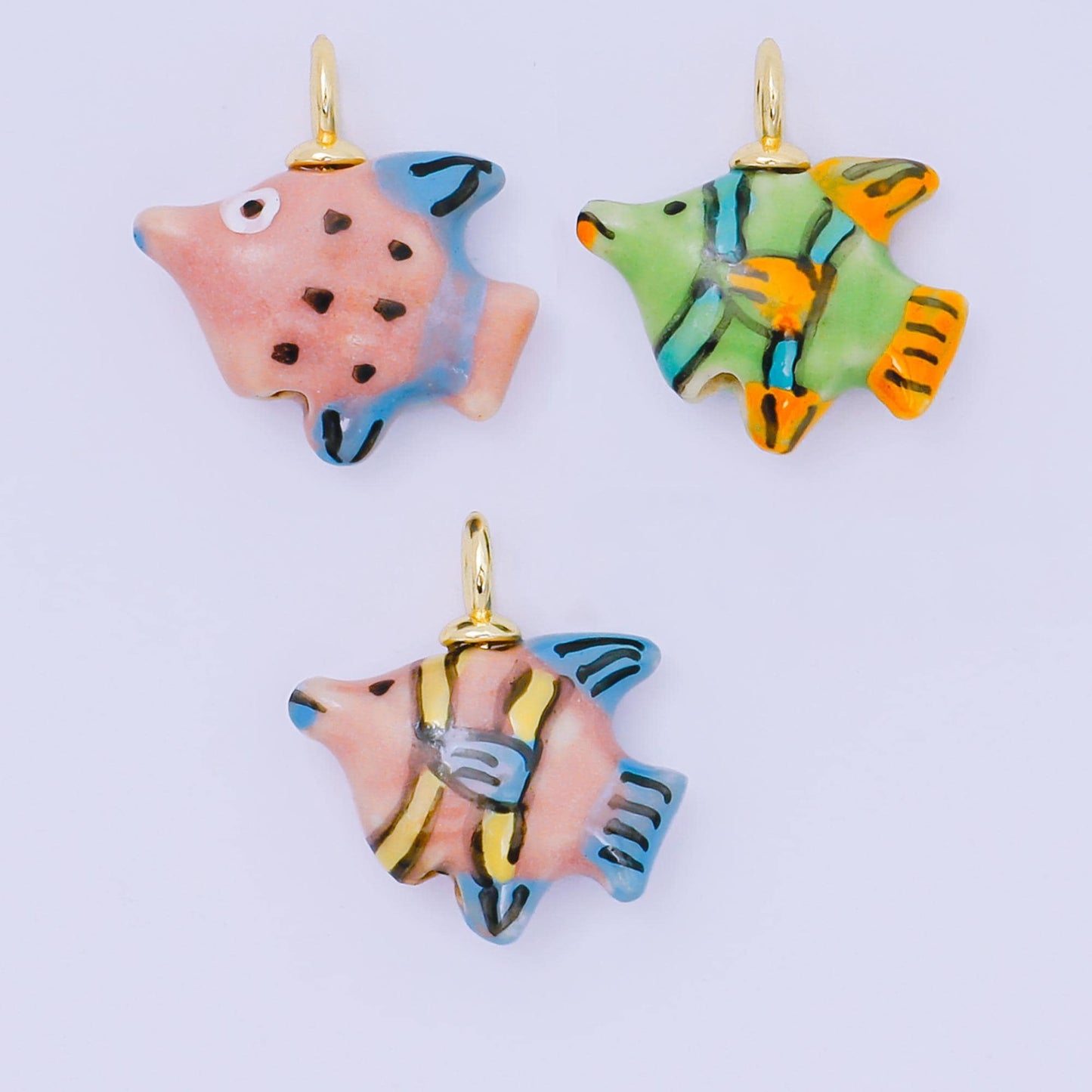 24K Gold Filled 19mm Ceramic Under the Sea Fish Animal Charm in Pink Green | AF-1506