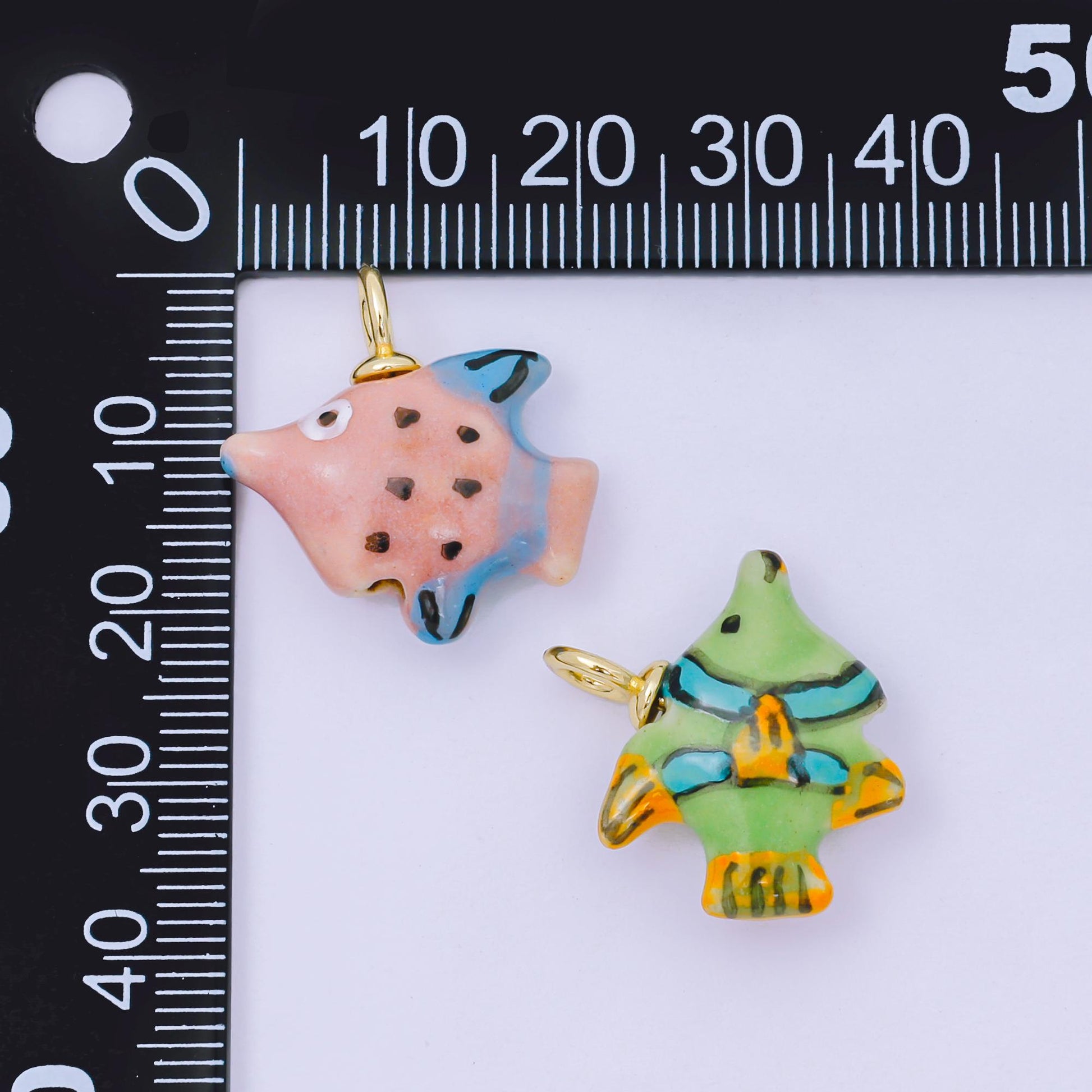 24K Gold Filled 19mm Ceramic Under the Sea Fish Animal Charm in Pink Green | AF-1506