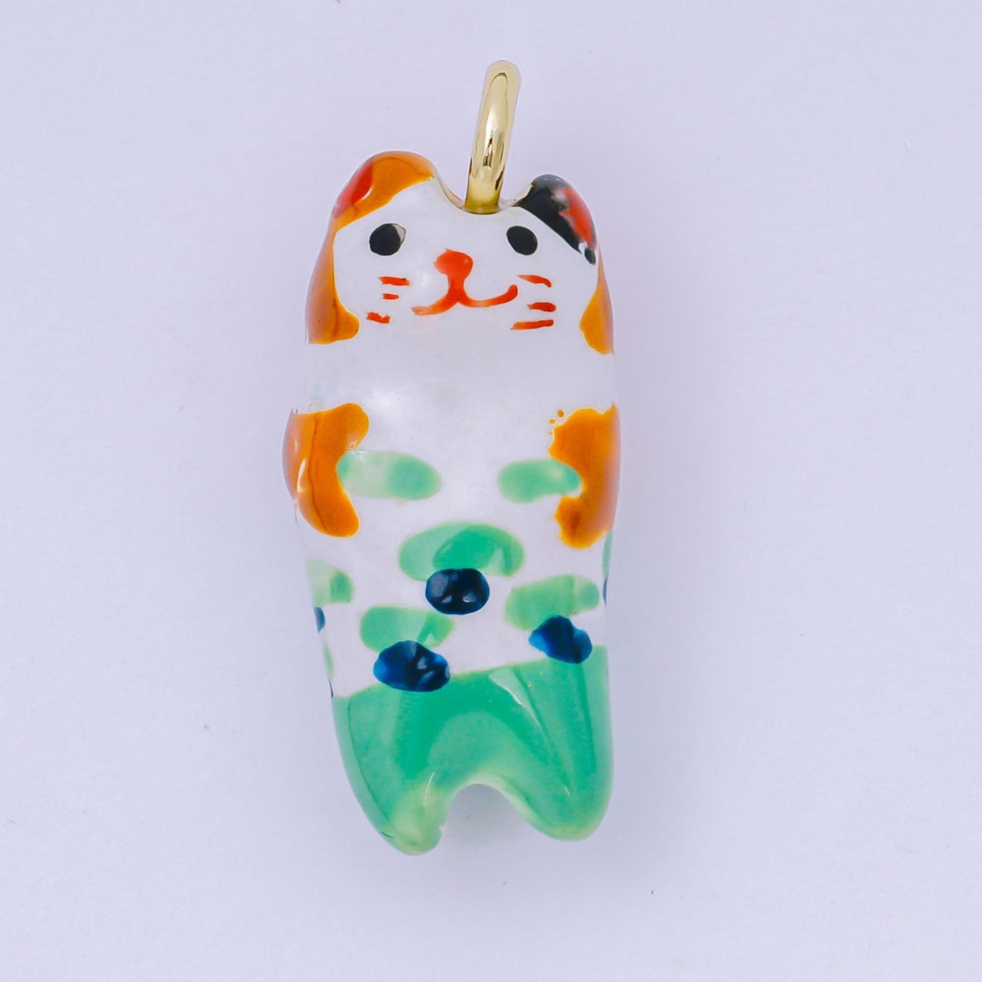 24K Gold Filled 31mm Ceramic Cat Charm Kitty Animal Pendant in White Green Blue | AF-1509