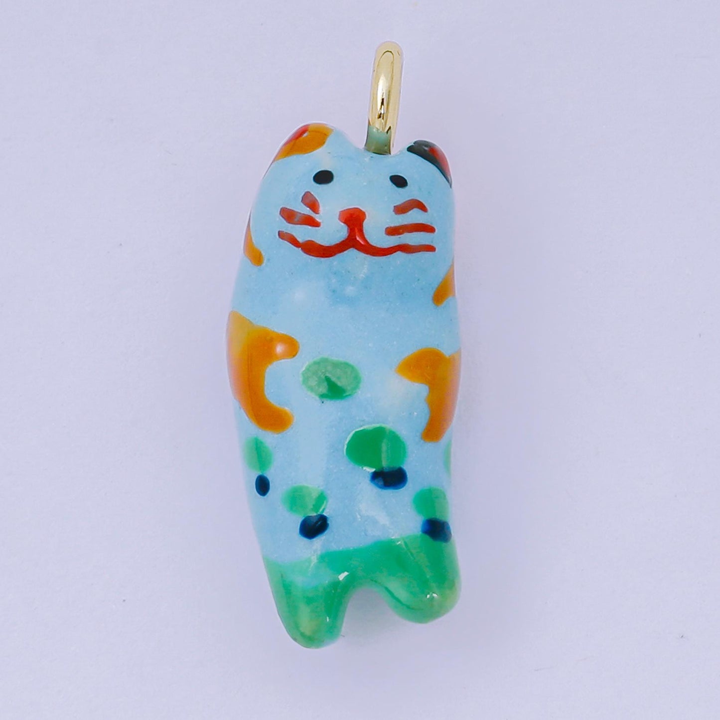24K Gold Filled 31mm Ceramic Cat Charm Kitty Animal Pendant in White Green Blue | AF-1509