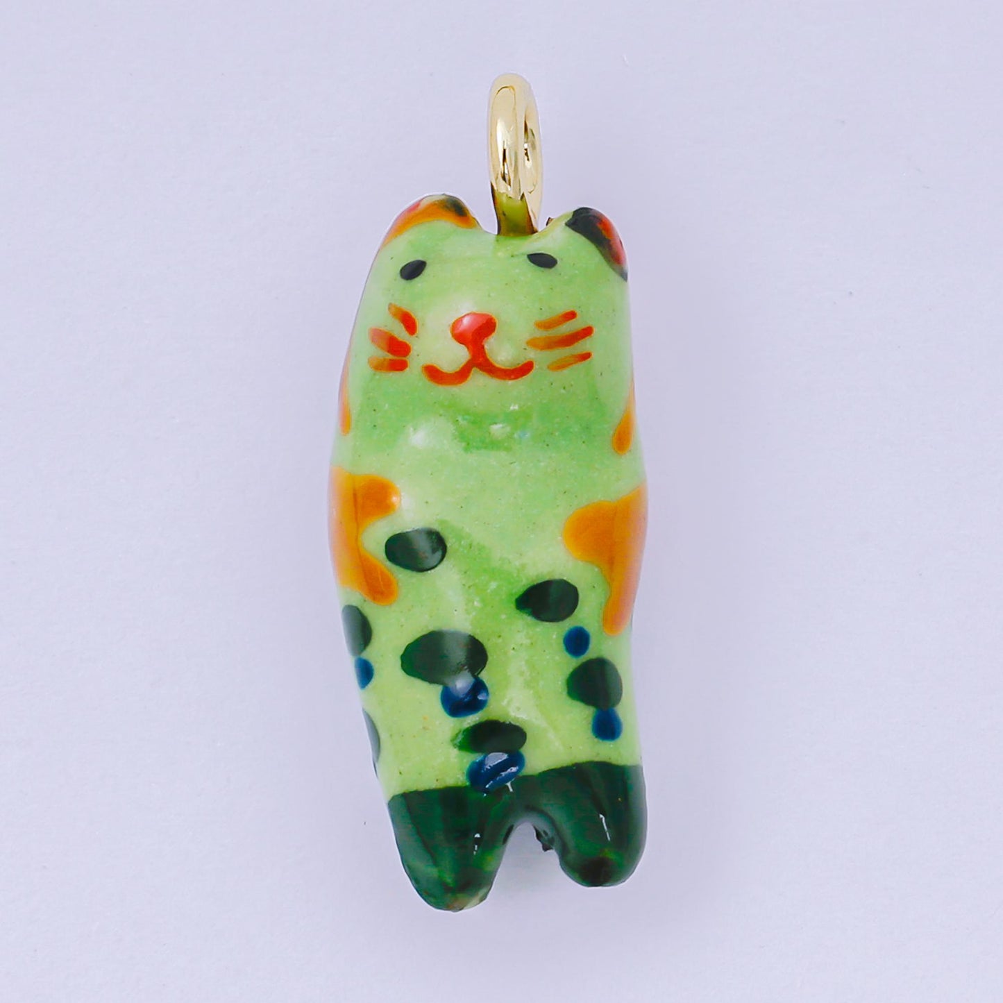24K Gold Filled 31mm Ceramic Cat Charm Kitty Animal Pendant in White Green Blue | AF-1509