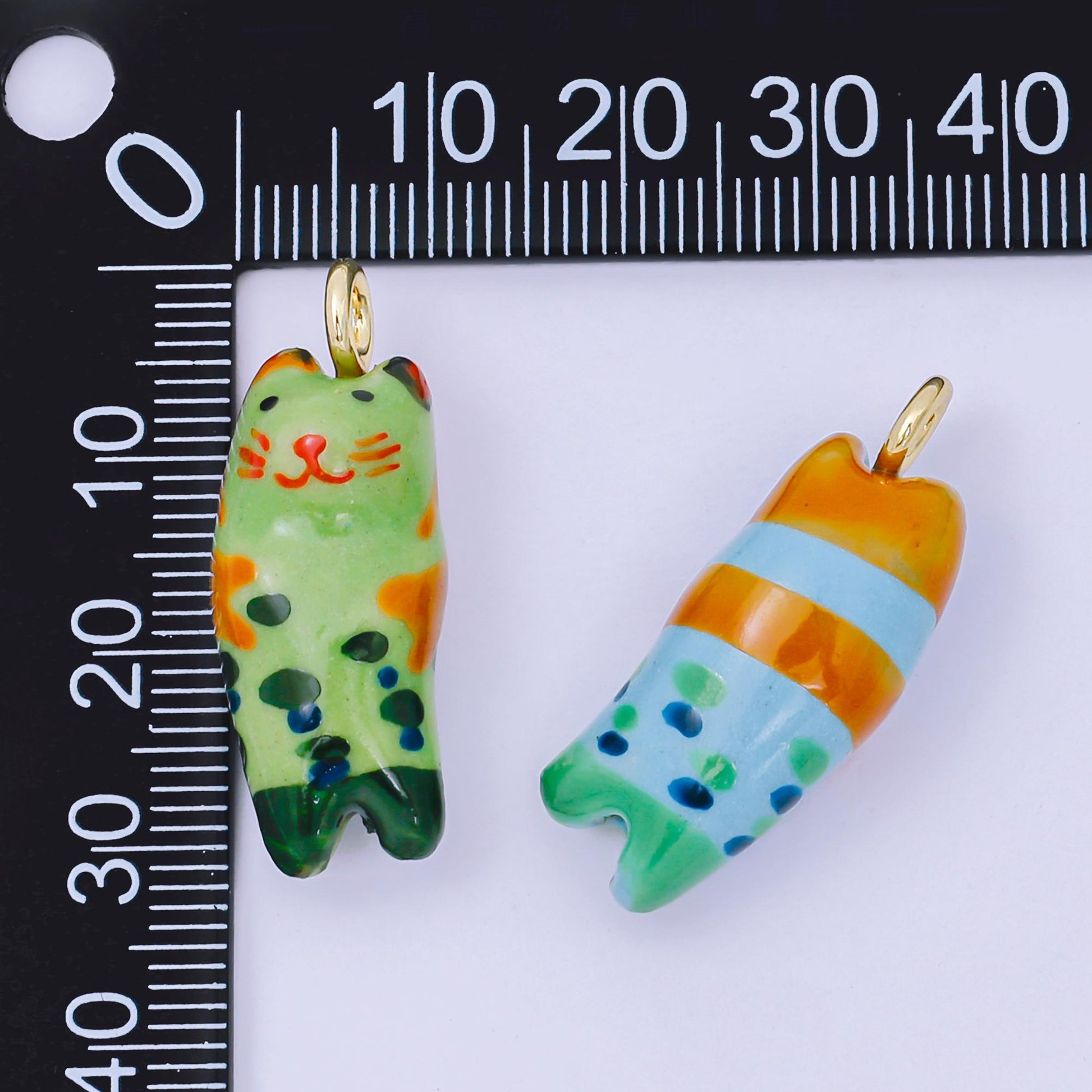 24K Gold Filled 31mm Ceramic Cat Charm Kitty Animal Pendant in White Green Blue | AF-1509