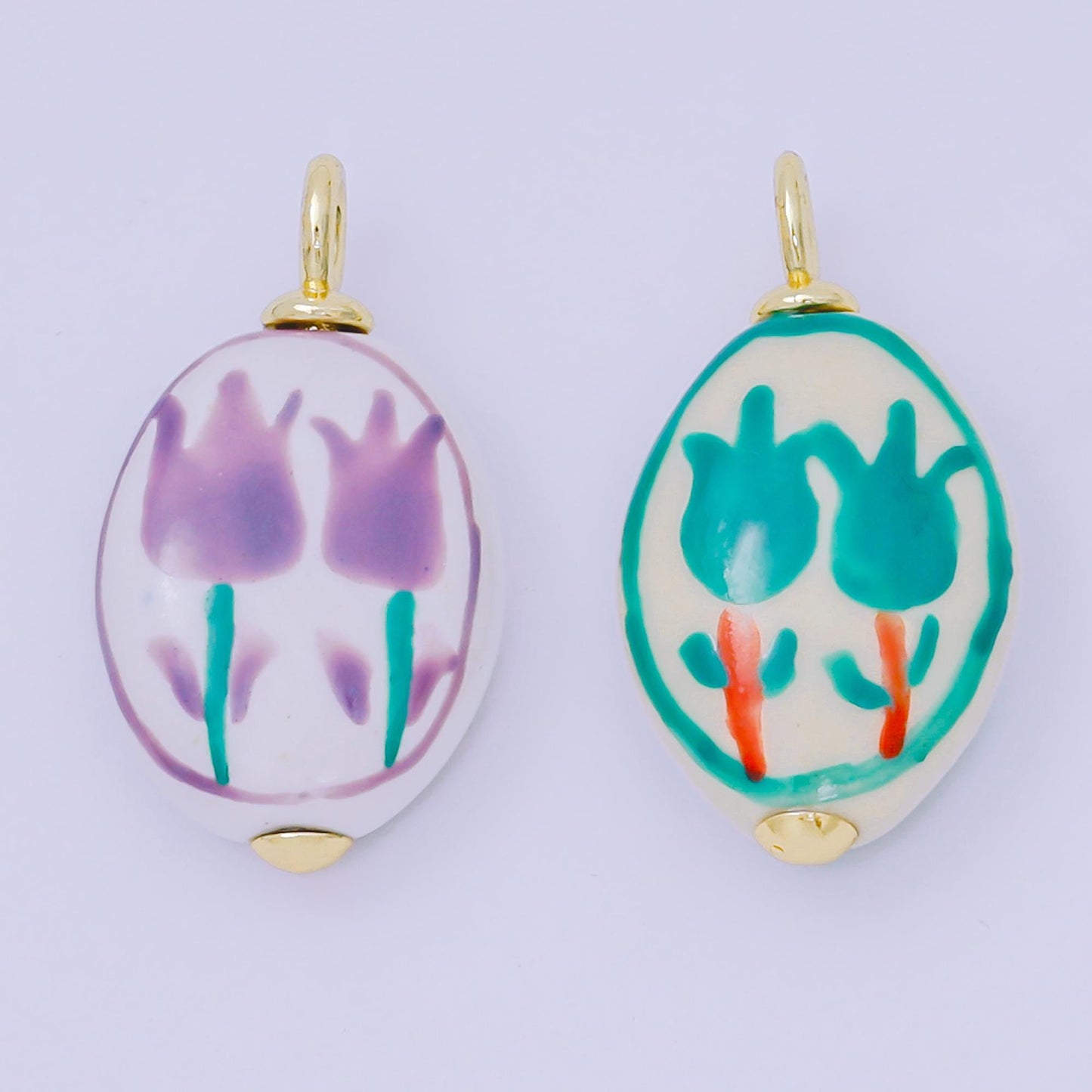 Dainty oval ceramic charm handmade Purple rose painting ceramic porcelain vintage charm for necklace bracelet jewelry making supply AF1514