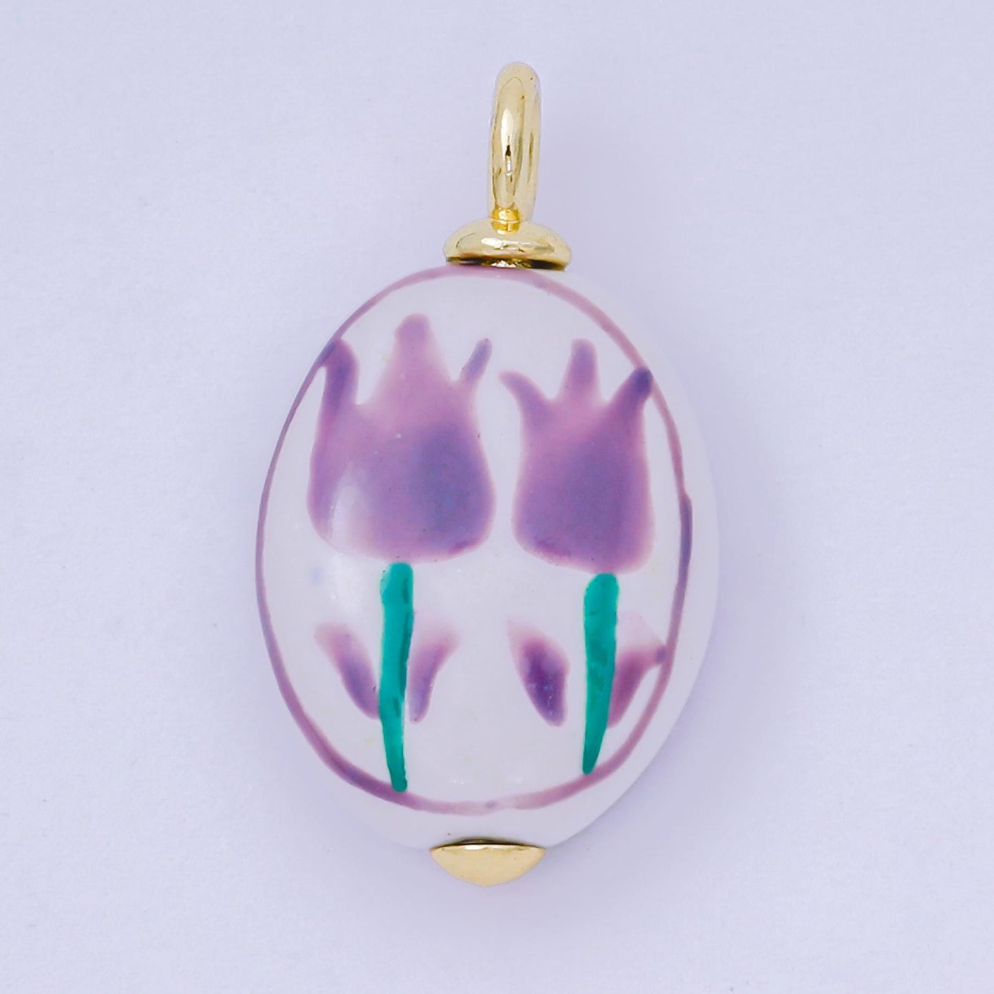 Dainty oval ceramic charm handmade Purple rose painting ceramic porcelain vintage charm for necklace bracelet jewelry making supply AF1514