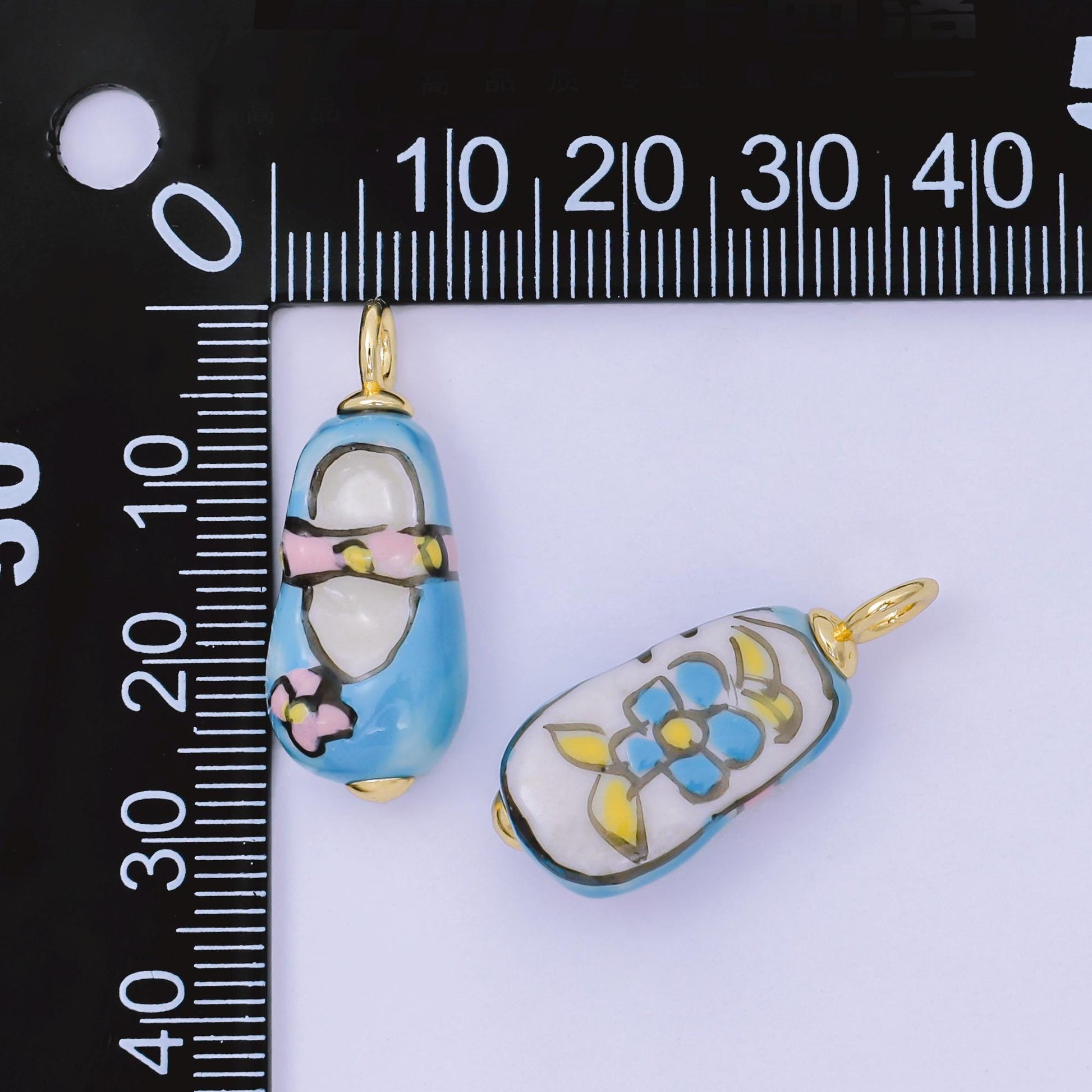 24K Gold Filled Blue Flower Charm Pink Flower Ceramic Drop Pendant | AF-1517