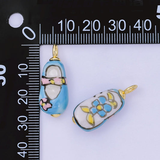 24K Gold Filled Blue Flower Charm Pink Flower Ceramic Drop Pendant | AF-1517