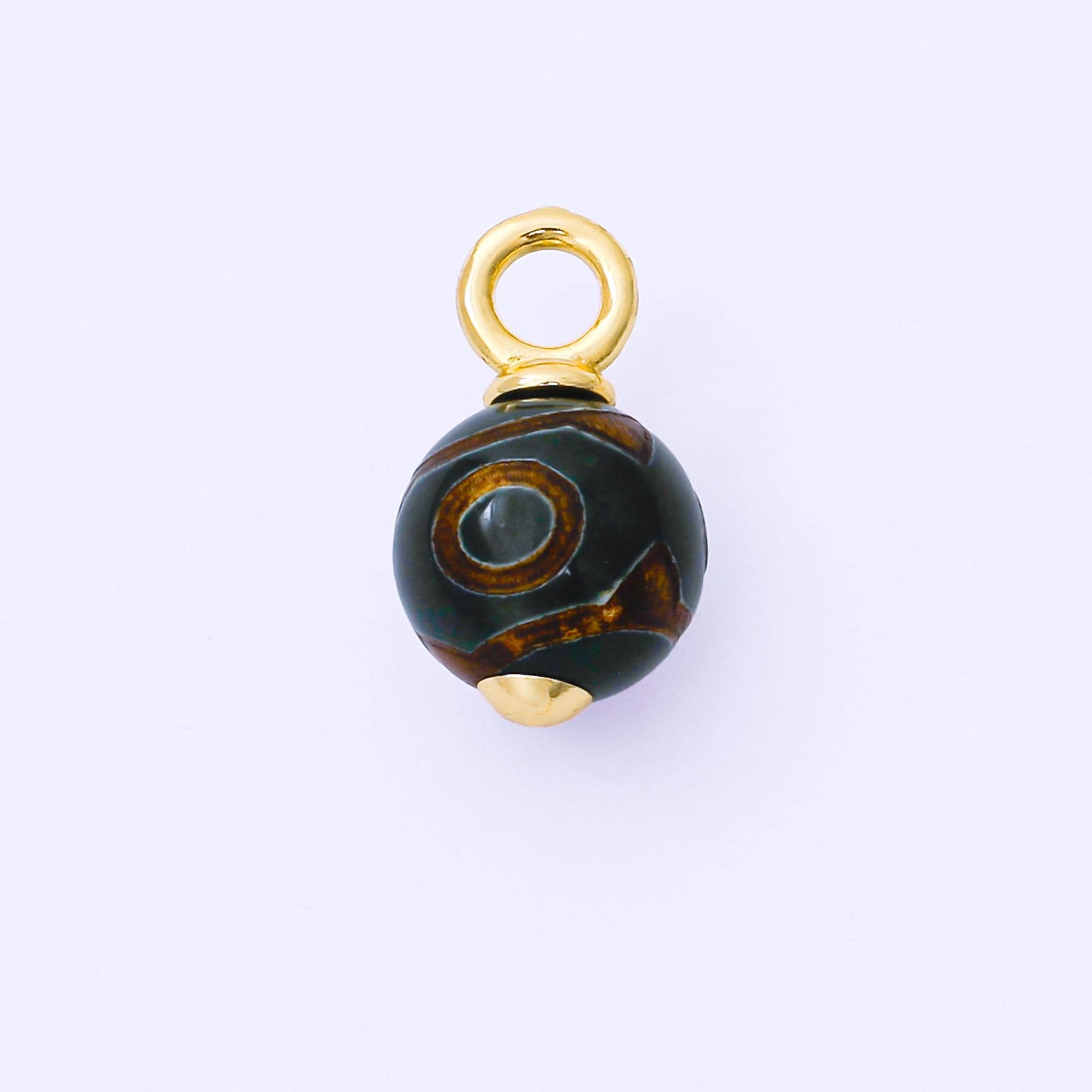 24K Gold Filled 18mm Brown Agate Gemstone Round Drop Charm | AF1301