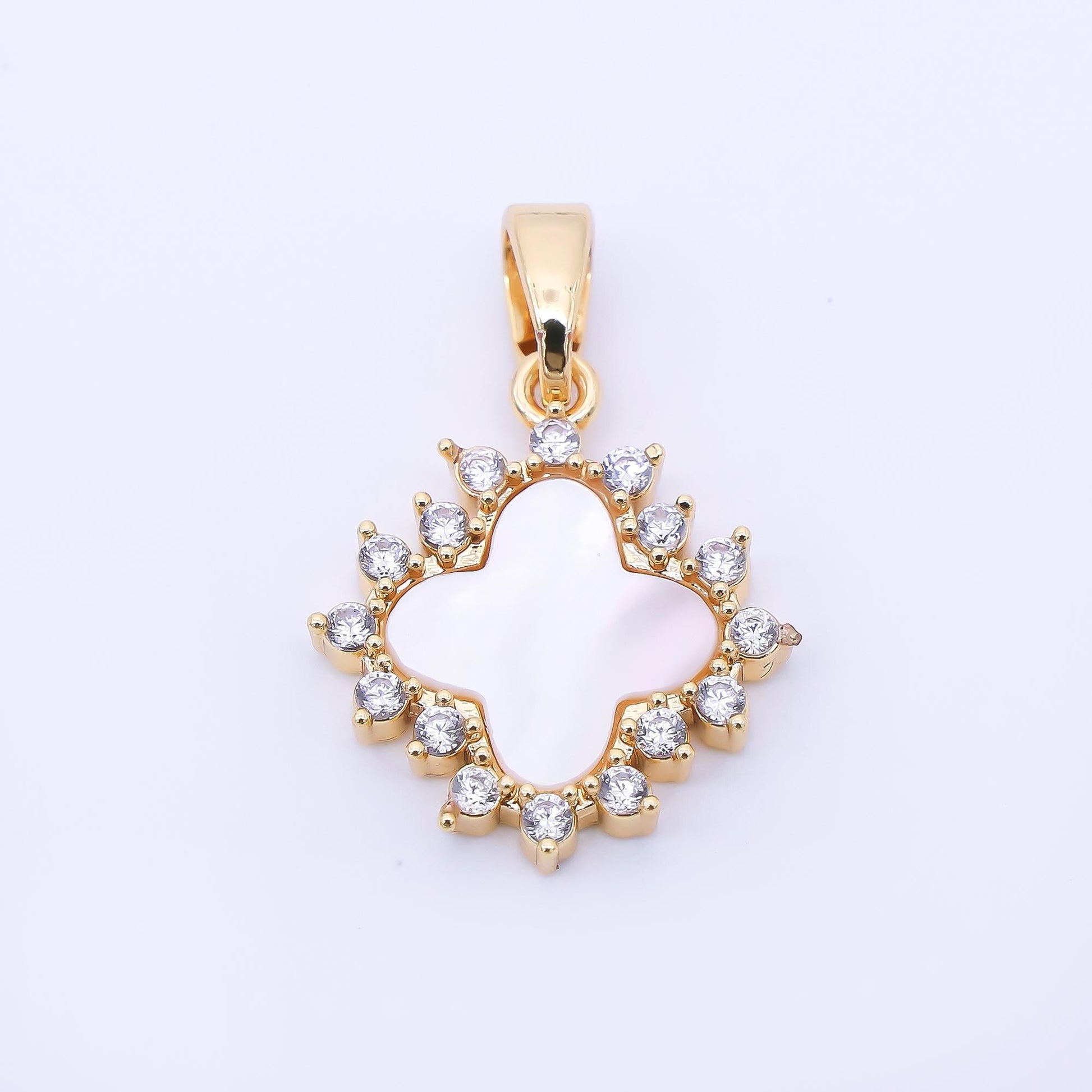 24K Gold Filled Micro Paved CZ Mother of Pearl Lucky Clover Pendant | AA1644