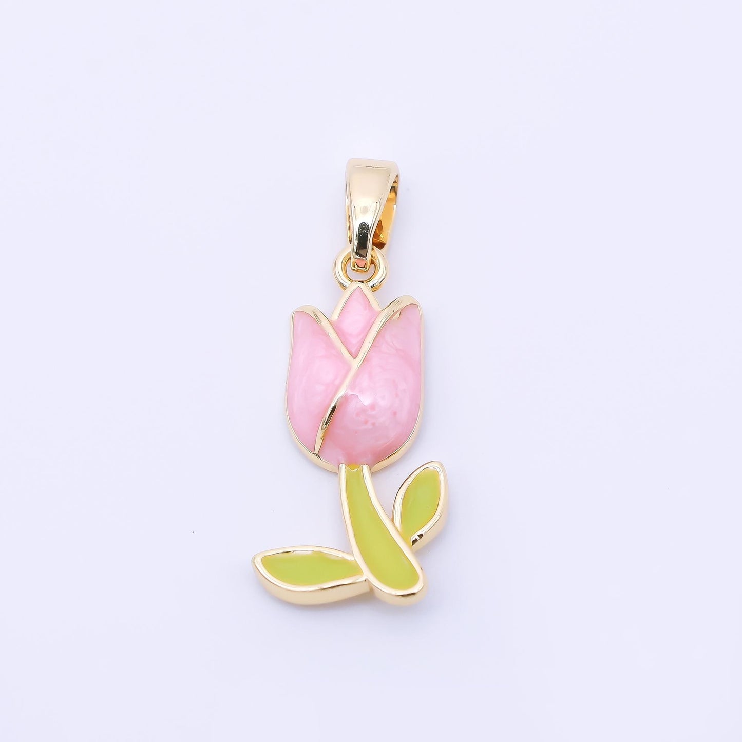 24K Gold Filled 19mm Pastel Enamel Romantic Pink Tulip Flower Pendant Netherland Inspired | AA1642