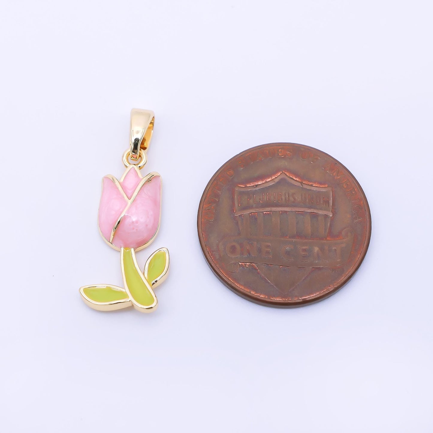 24K Gold Filled 19mm Pastel Enamel Romantic Pink Tulip Flower Pendant Netherland Inspired | AA1642