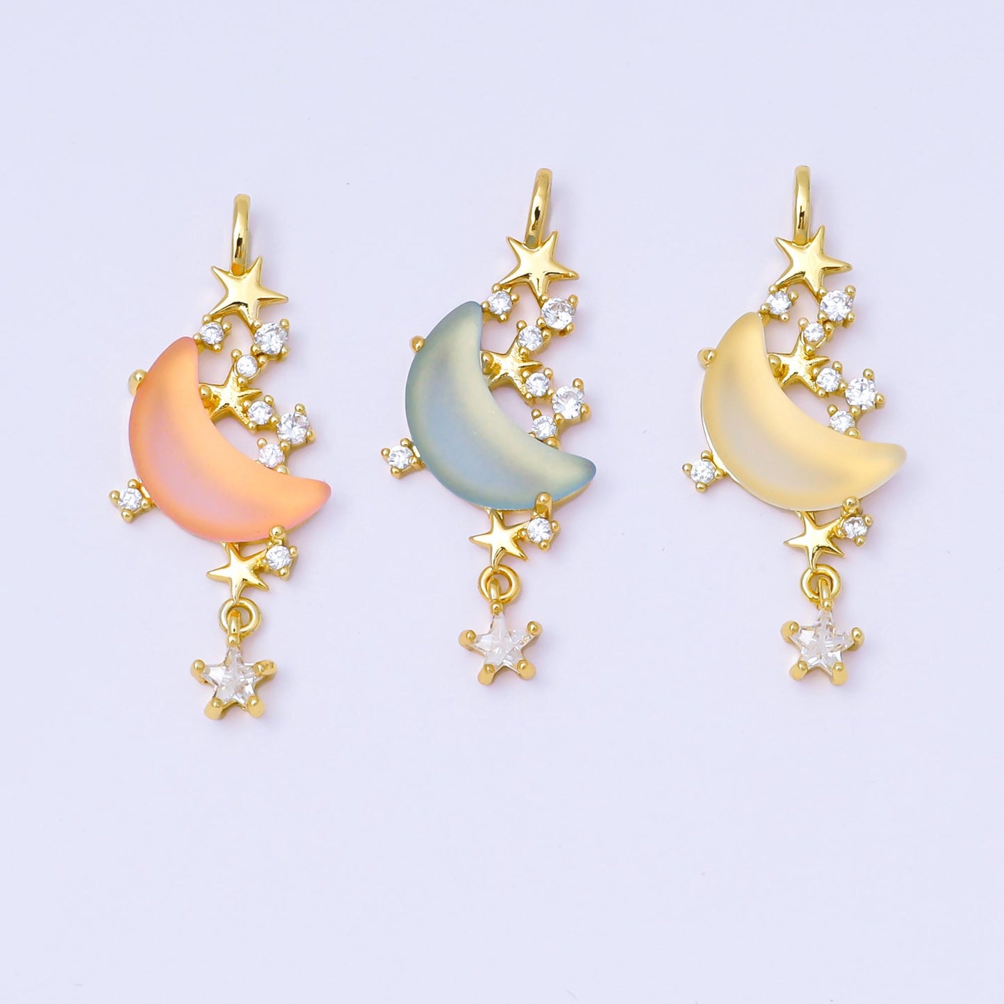 24K Gold Filled 27.5mm Micro Paved CZ Blue, Pink, Clear Stars Moonlight Set Drop Pendant | AA1628 AA1629