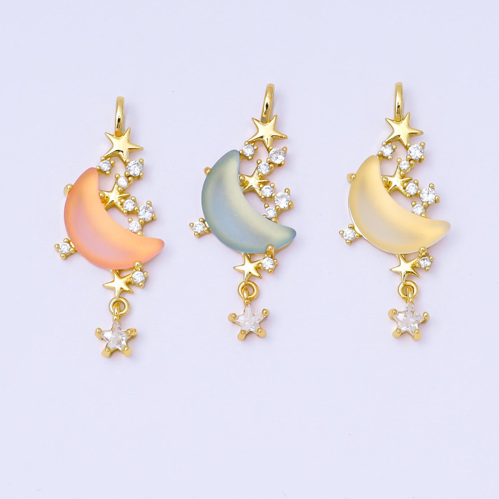 24K Gold Filled 27.5mm Micro Paved CZ Blue, Pink, Clear Stars Moonlight Set Drop Pendant | AA1628 AA1629