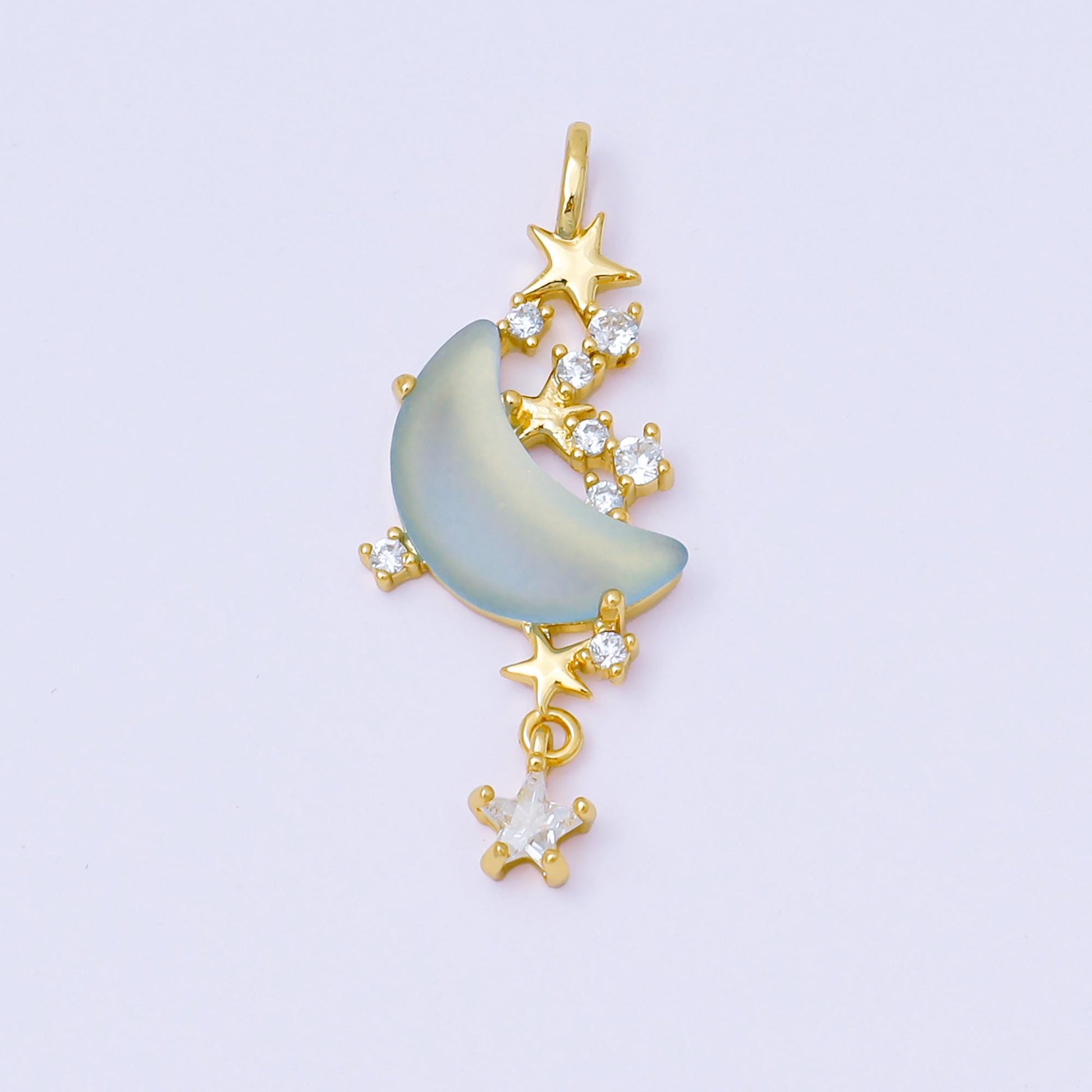 24K Gold Filled 27.5mm Micro Paved CZ Blue, Pink, Clear Stars Moonlight Set Drop Pendant | AA1628 AA1629