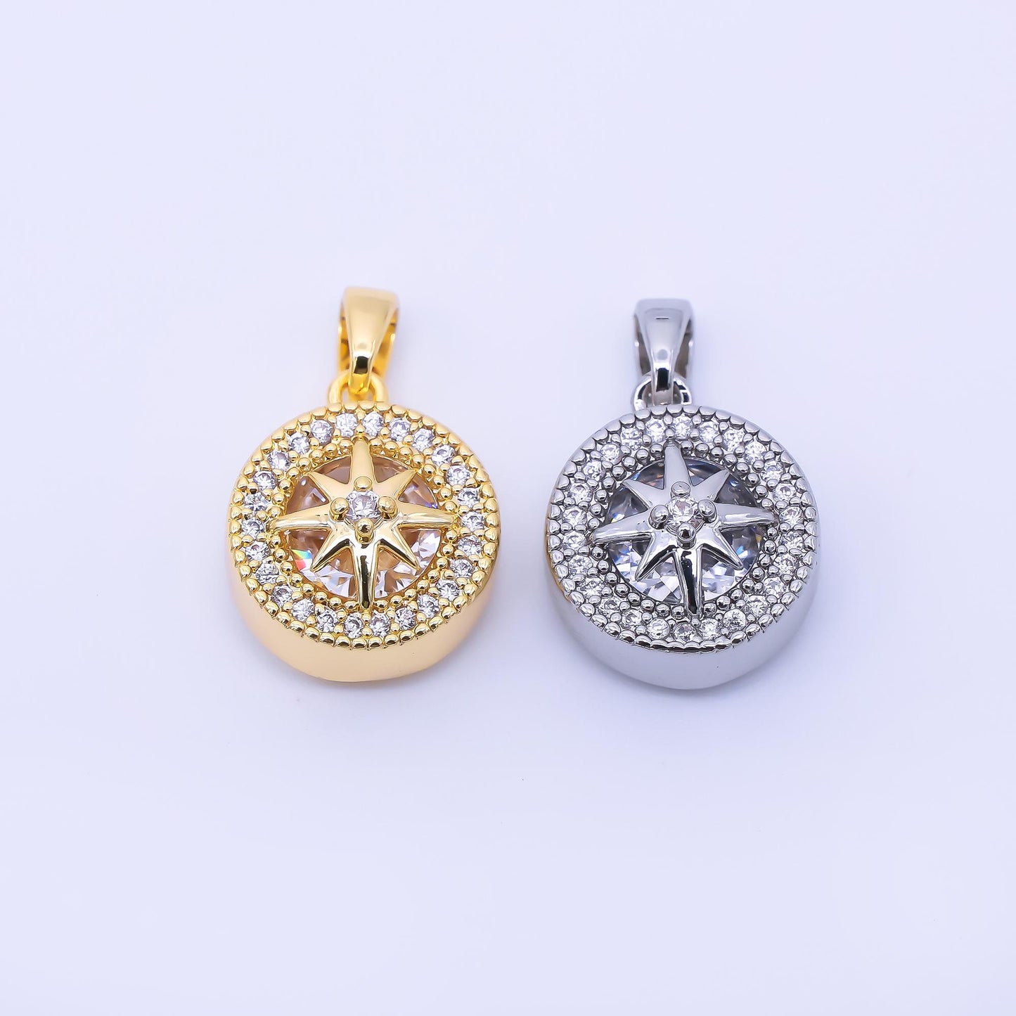24K Gold Filled 15mm Micro Paved CZ North Star Compass Pendant in Gold & Silver | AA1649
