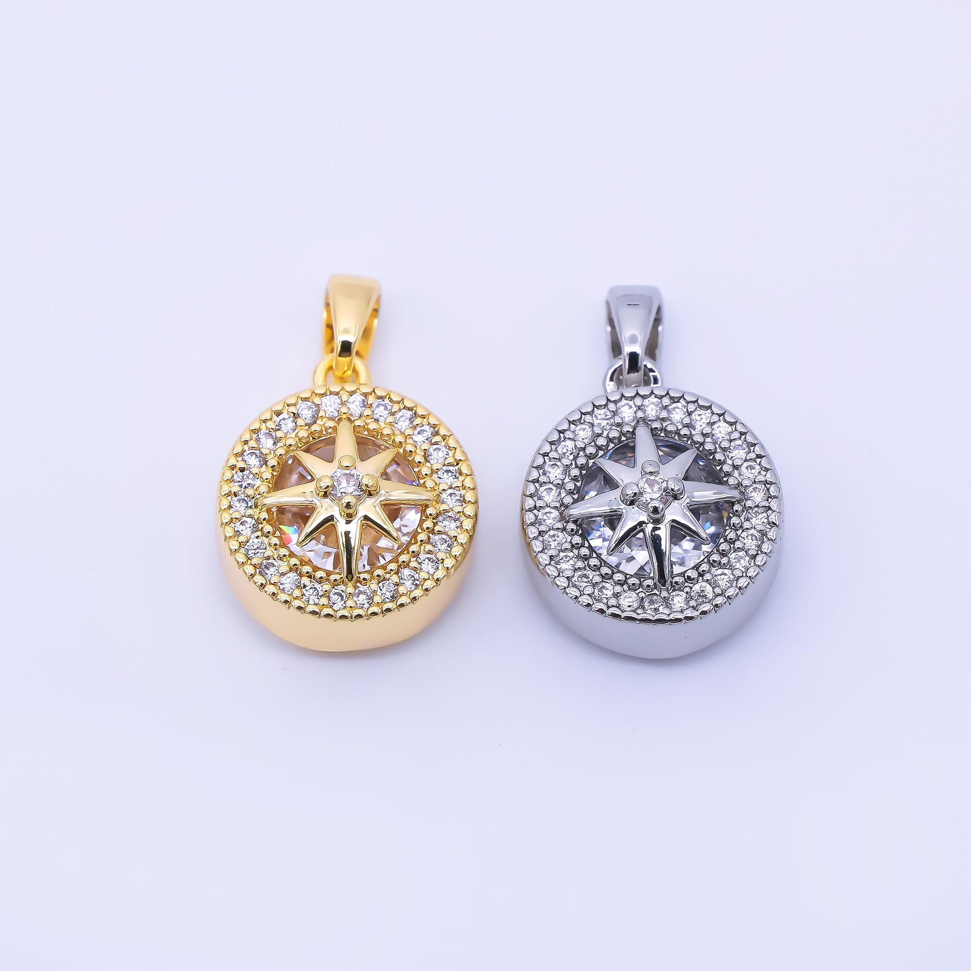 24K Gold Filled 15mm Micro Paved CZ North Star Compass Pendant in Gold & Silver | AA1649