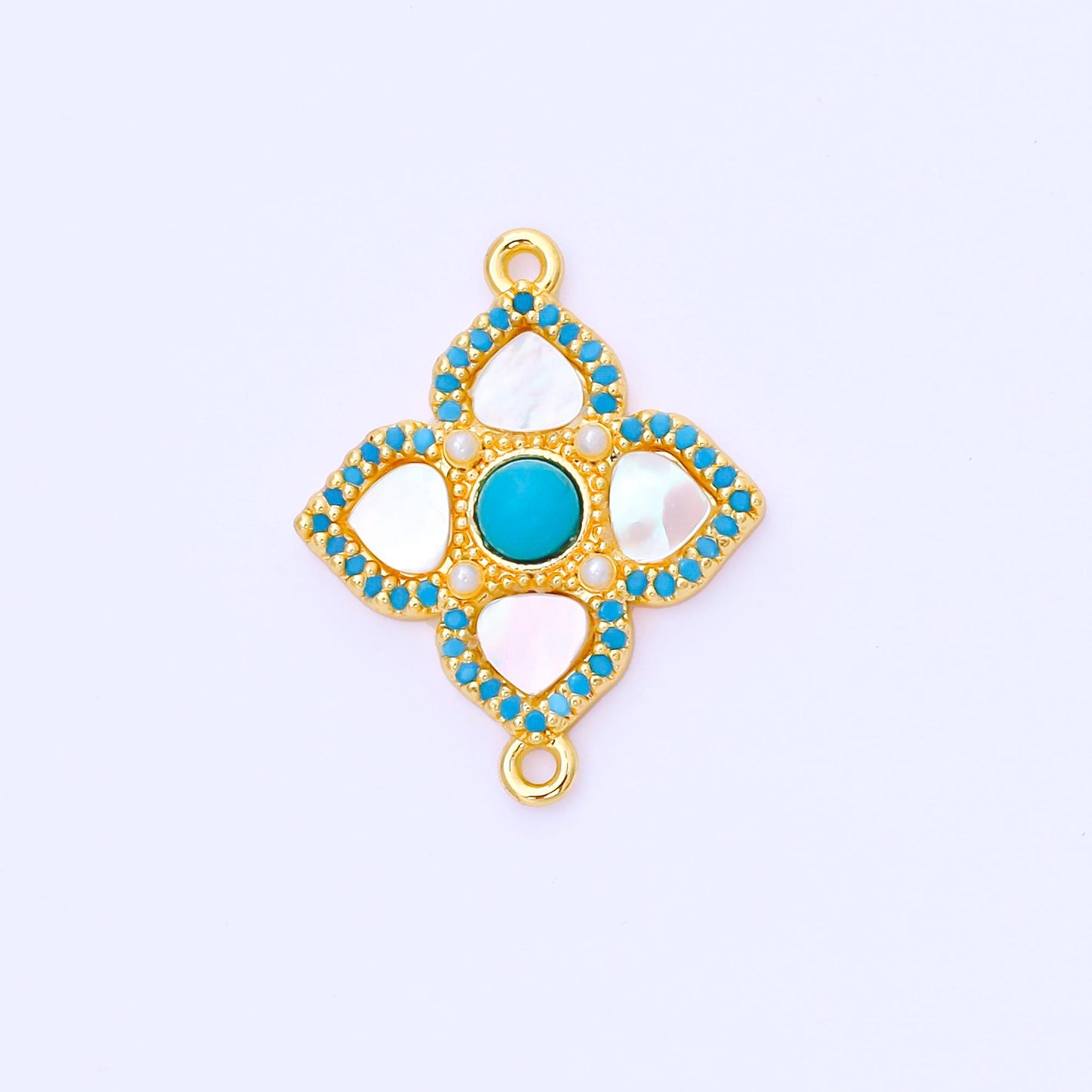 24K Gold Filled 23mm Blue Micro Paved CZ Mother of Pearl 4-Leaf Lucky Clover Charm Connector | Y-062
