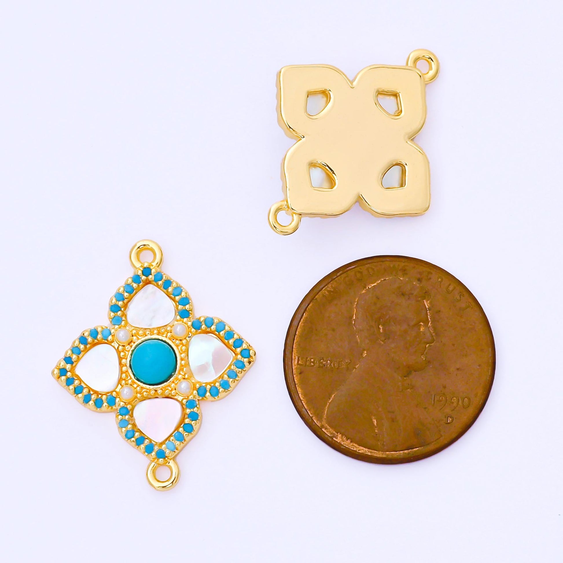 24K Gold Filled 23mm Blue Micro Paved CZ Mother of Pearl 4-Leaf Lucky Clover Charm Connector | Y-062