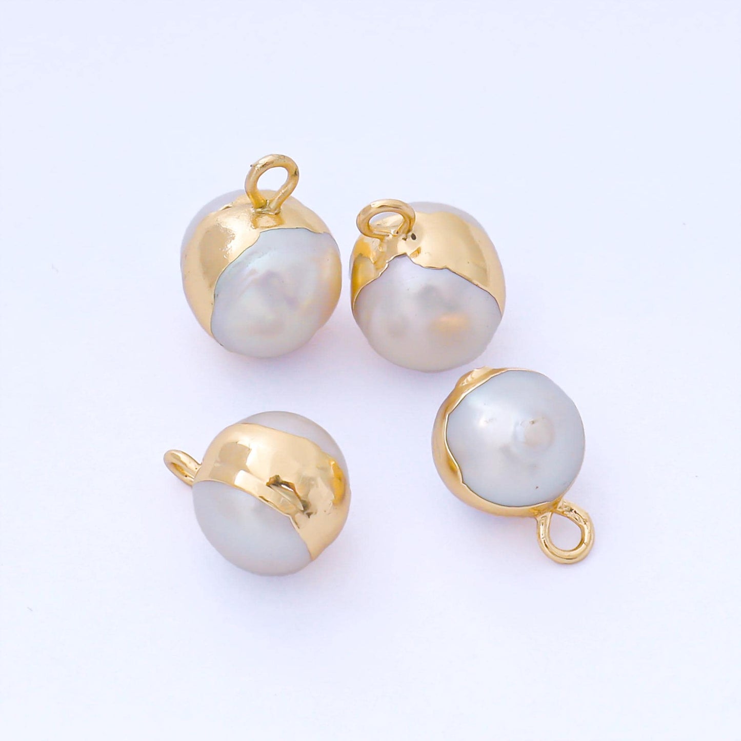 24K Gold Filled 12mm Bezel Setting Round Shell Pearl Dainty Drop Charm | AF581