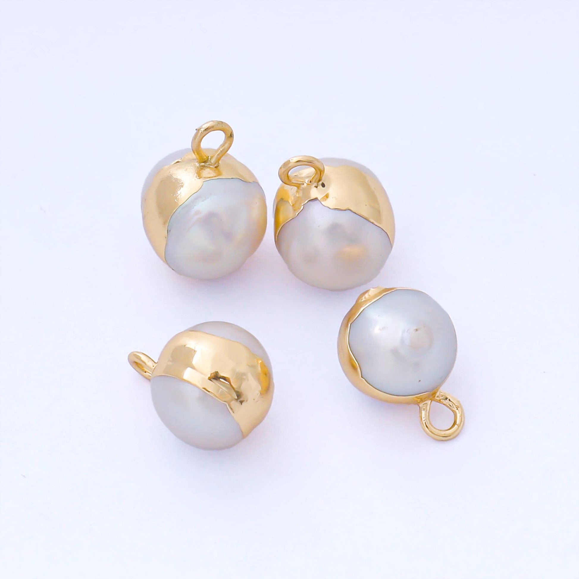 24K Gold Filled 12mm Bezel Setting Round Shell Pearl Dainty Drop Charm | AF581