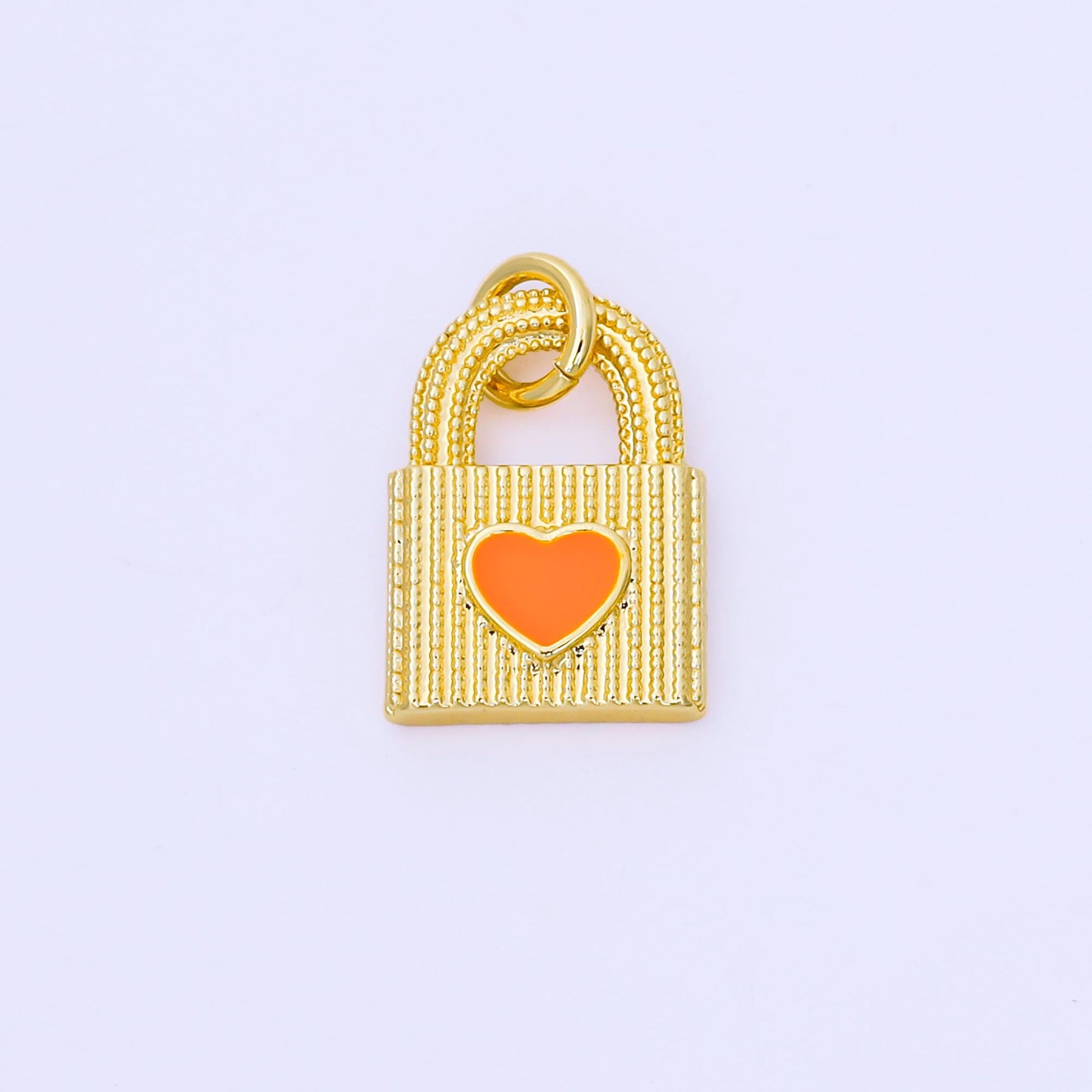 24K Gold Filled 17mm Orange Enamel Heart Dotted Lined Padlock Charm | AF-A1505