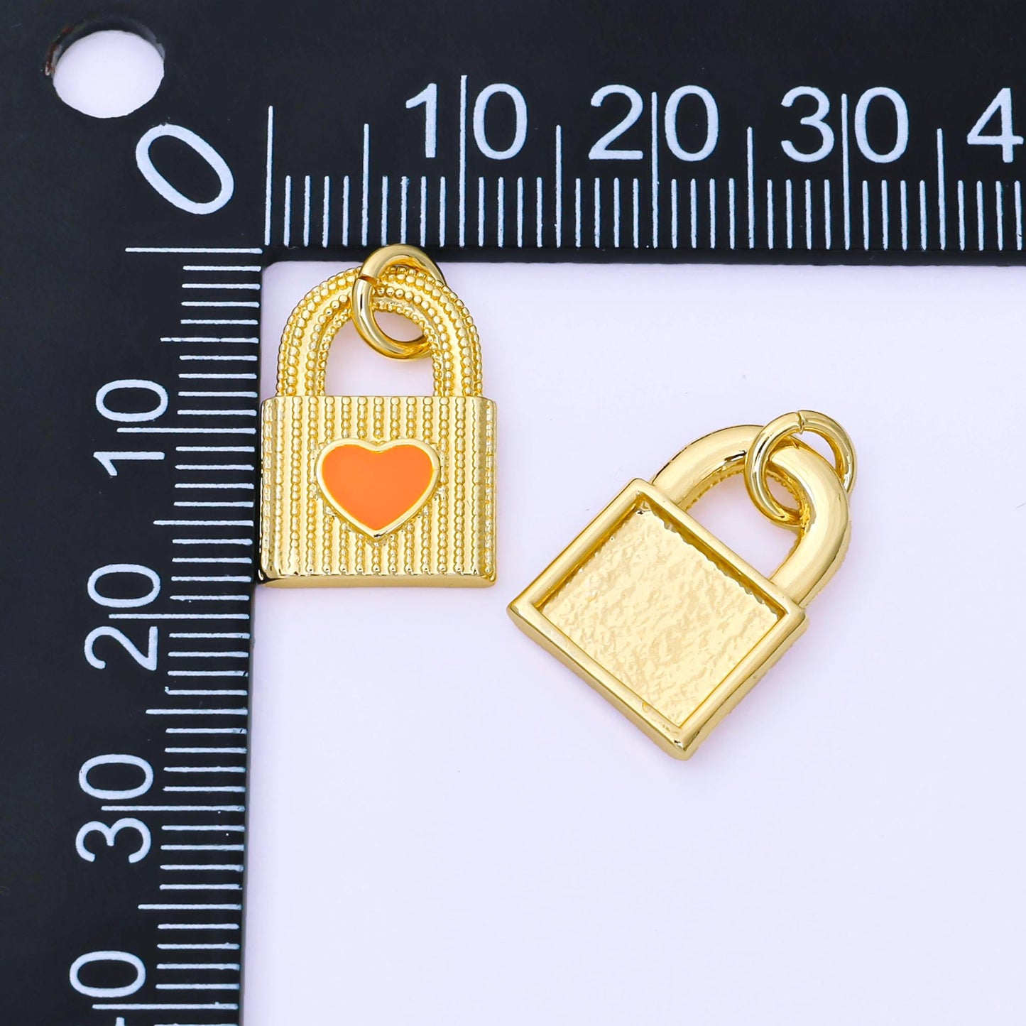 24K Gold Filled 17mm Orange Enamel Heart Dotted Lined Padlock Charm | AF-A1505
