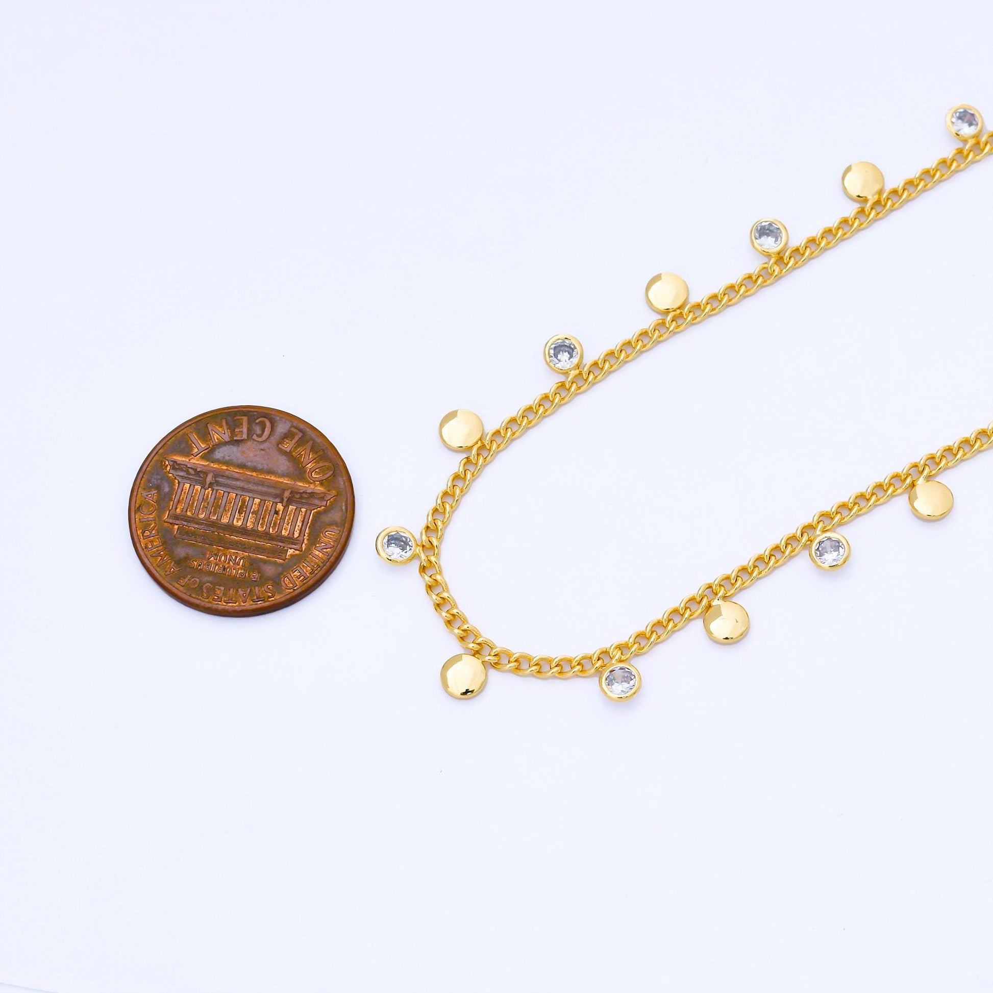 24K Gold Filled 1.9mm Cable Chain w. Round CZ Drop Unfinished Chain by Yard | Roll-1682