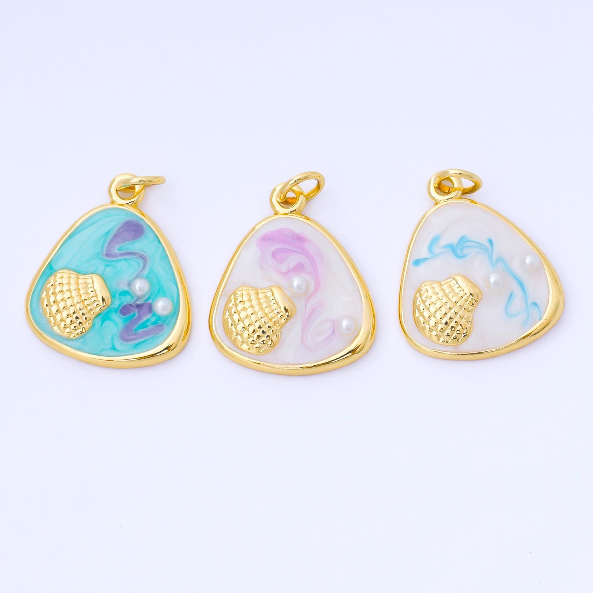 24K Gold Filled 20mm Teal, White, Purple Enamel Clam Shell Charm | AF1544 AF1545