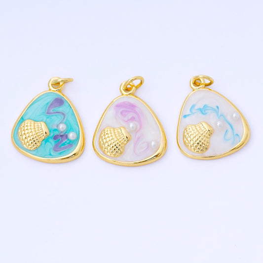 24K Gold Filled 20mm Teal, White, Purple Enamel Clam Shell Charm | AF1544 AF1545