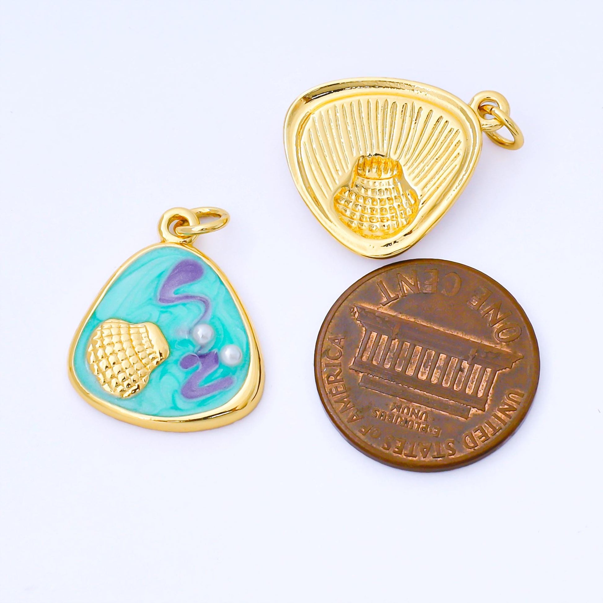 24K Gold Filled 20mm Teal, White, Purple Enamel Clam Shell Charm | AF1544 AF1545
