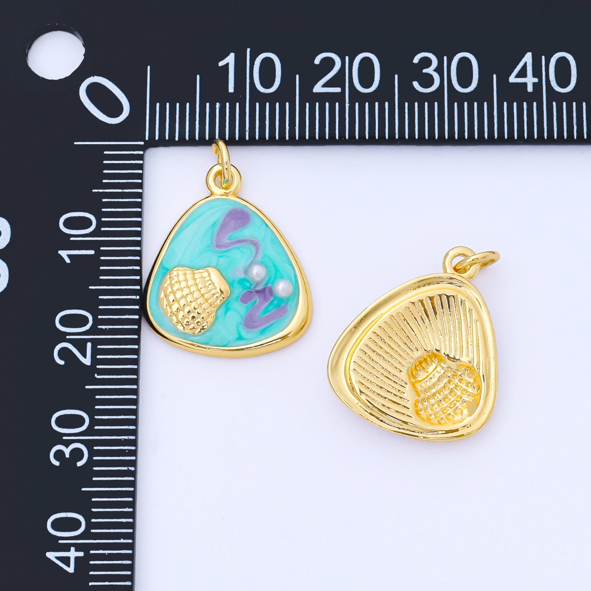 24K Gold Filled 20mm Teal, White, Purple Enamel Clam Shell Charm | AF1544 AF1545