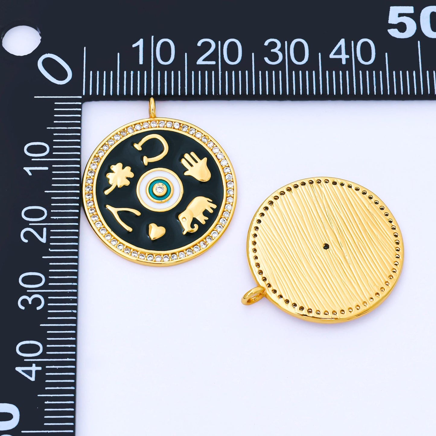 Black Enamel Talisman Charm Necklace, Gold Filled Coin Round Pendant Lucky Medallion Pendant for Necklace Jewelry Making Supply AF-1551