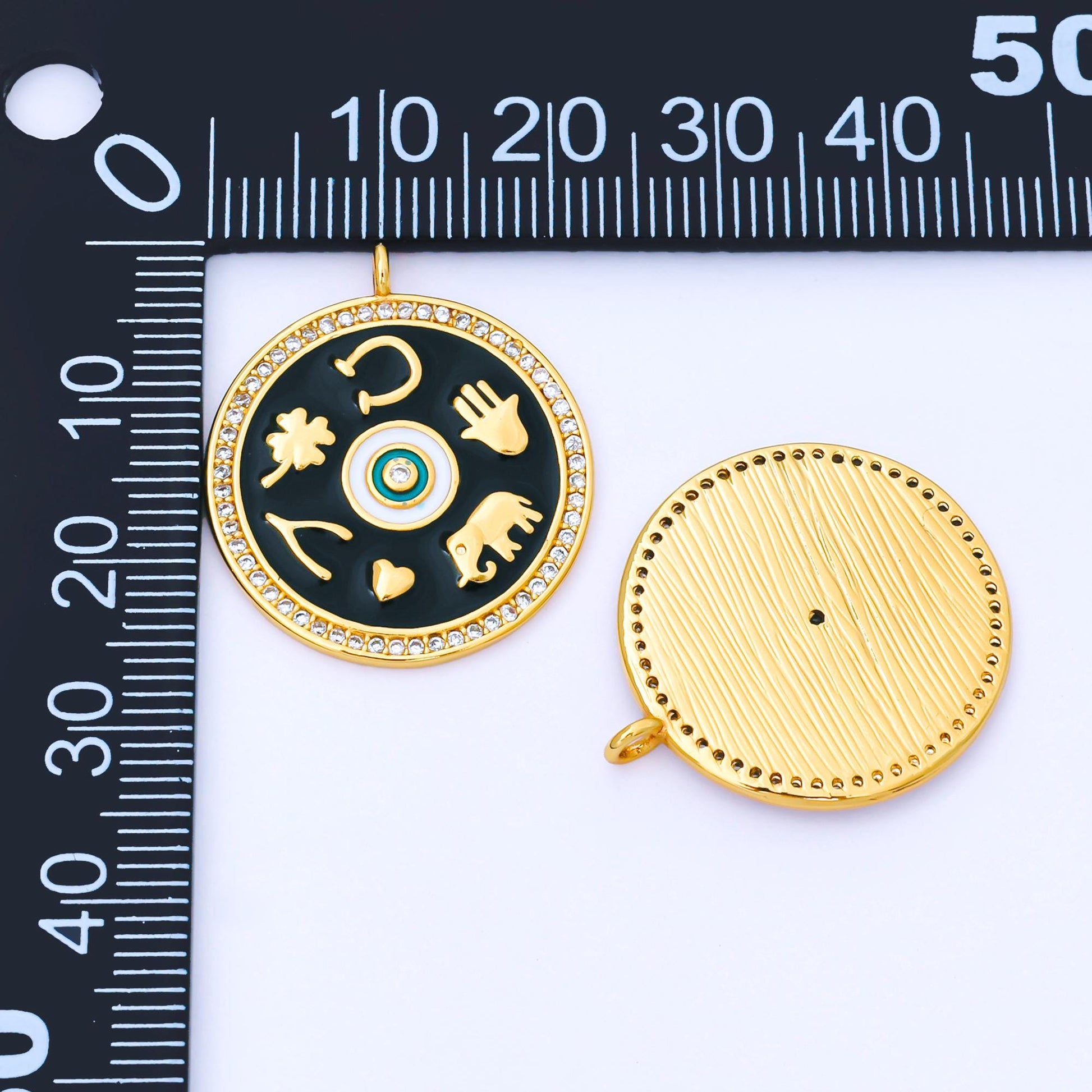 Black Enamel Talisman Charm Necklace, Gold Filled Coin Round Pendant Lucky Medallion Pendant for Necklace Jewelry Making Supply AF-1551