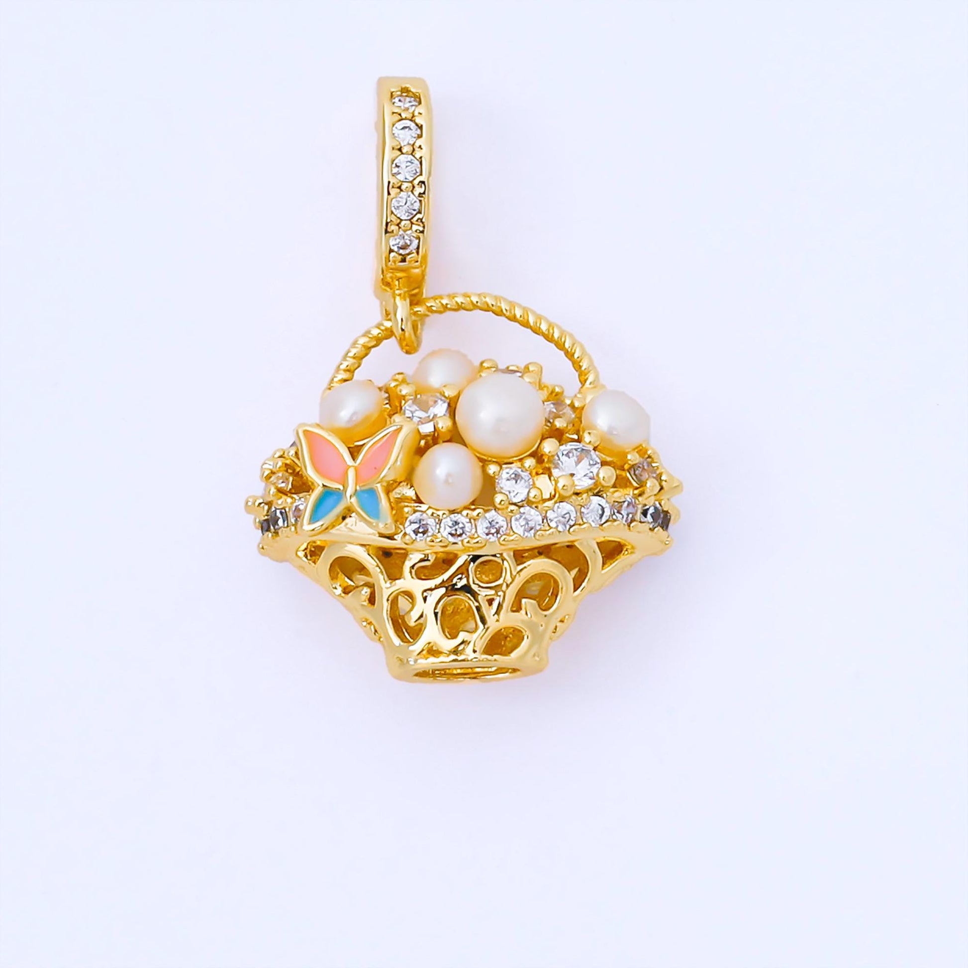24K Gold Filled 16mm Micro Paved CZ Shell Pearl Picnic Basket Pendant | AA1654