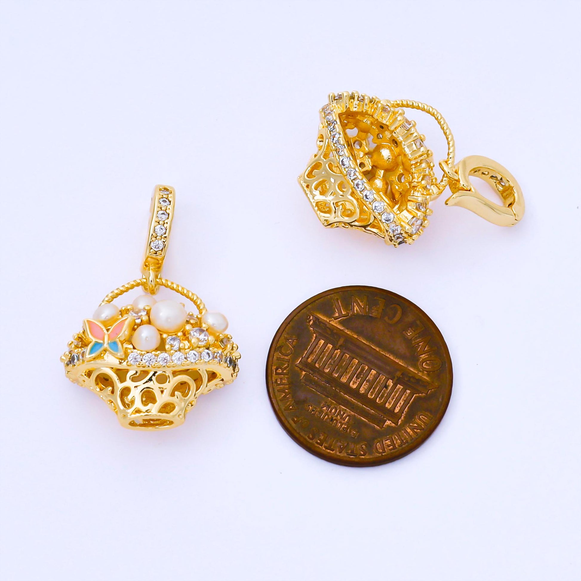 24K Gold Filled 16mm Micro Paved CZ Shell Pearl Picnic Basket Pendant | AA1654