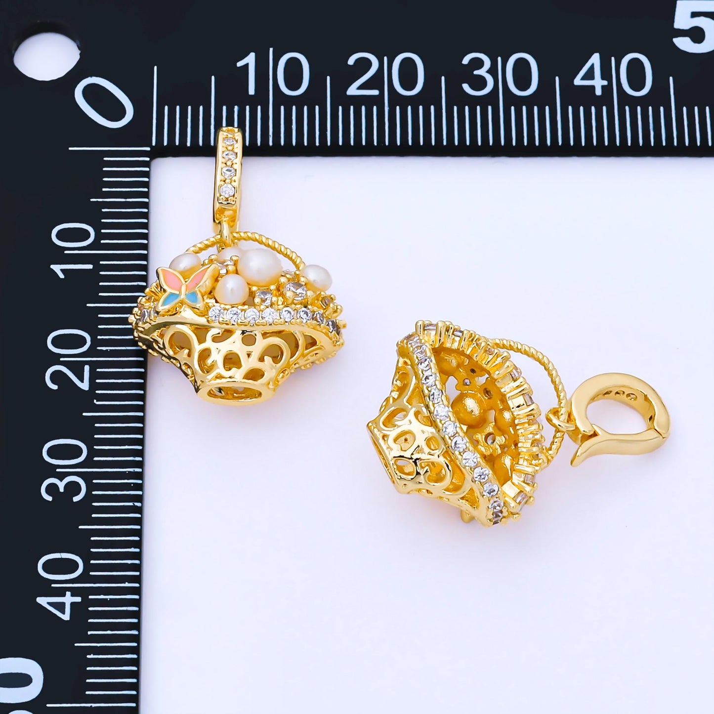 24K Gold Filled 16mm Micro Paved CZ Shell Pearl Picnic Basket Pendant | AA1654