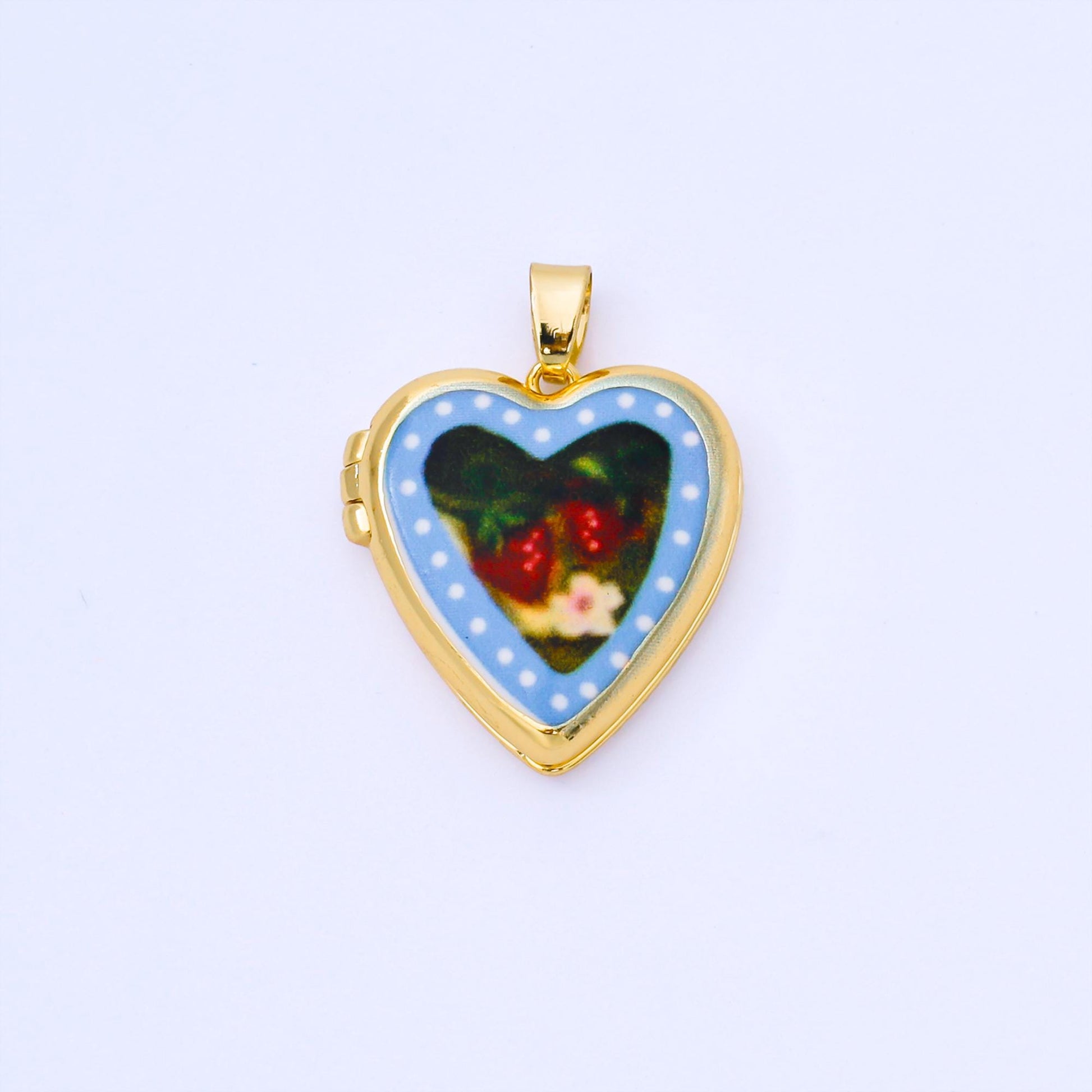 24K Gold Filled 22mm Hand-Painted Enamel Heart-Shaped Locket Flower Pendant | AA1613 ~ AA1617