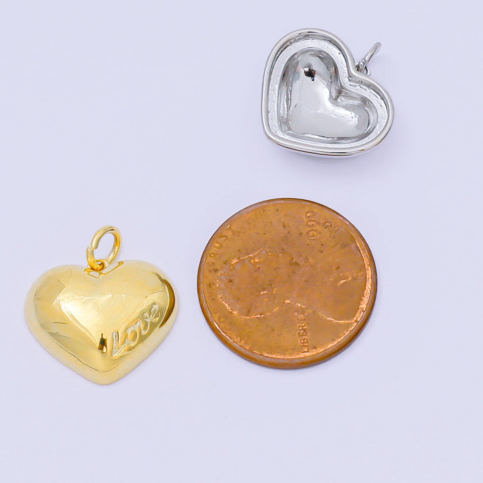 14K Gold Filled 14mm "Love" Italics Engraved Heart Charm in Gold & Silver | M570
