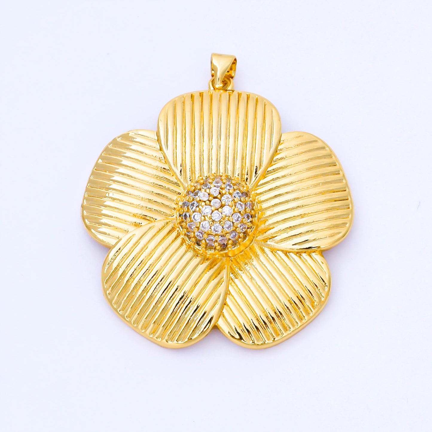 24K Gold Filled 41mm Micro Paved CZ Ribbed Flower Pendant in Gold & Silver | AA1657 AA1660