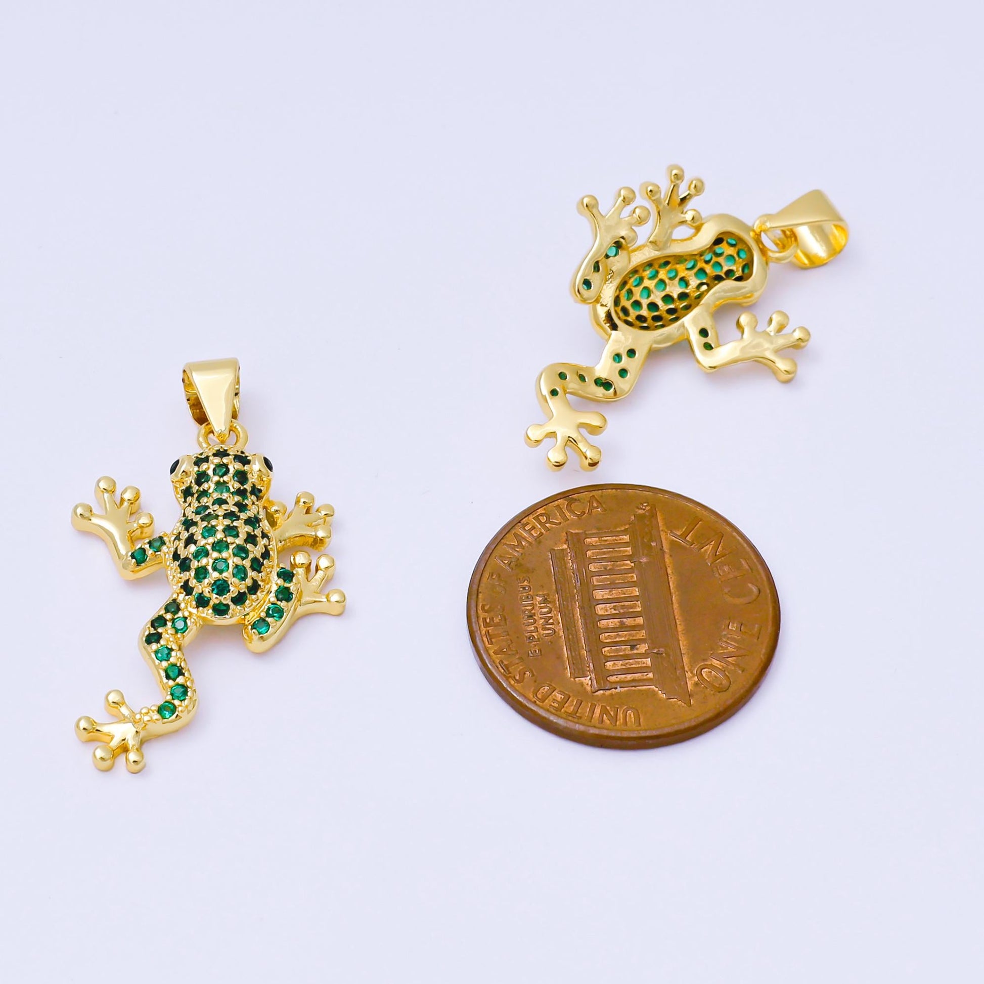 24K Gold Filled 25mm Green Micro Paved CZ Bell Frog Pendant | AA1621