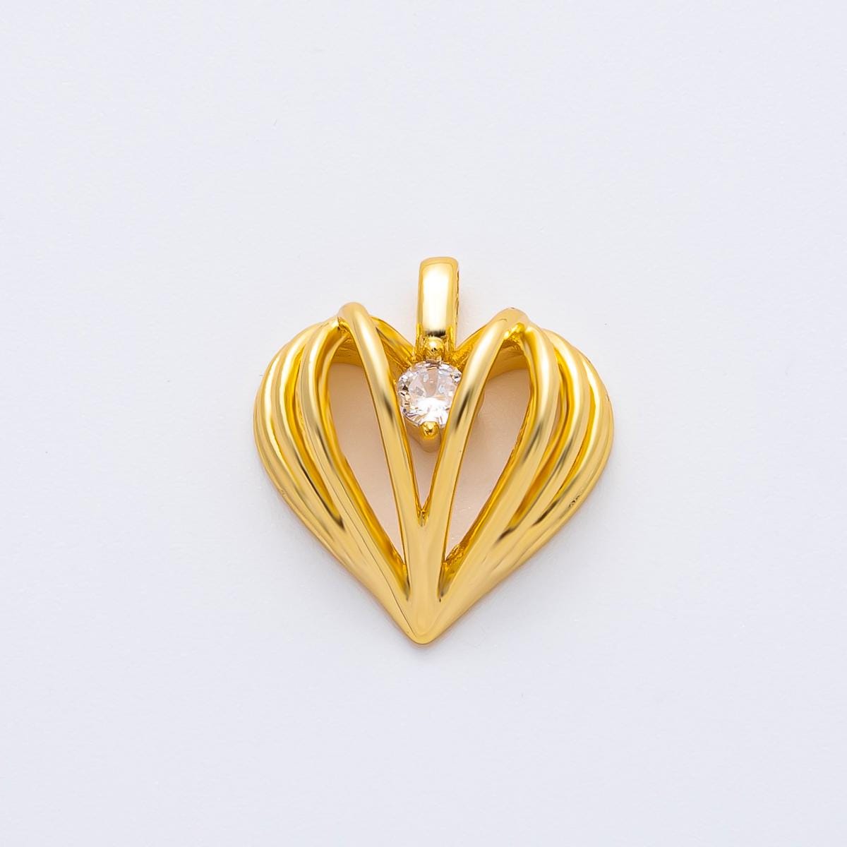 18K Gold Filled 16.2mm CZ Ribbed Geometric Heart Charm in Gold & Silver | AF1356