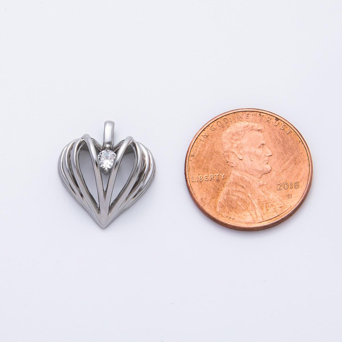 18K Gold Filled 16.2mm CZ Ribbed Geometric Heart Charm in Gold & Silver | AF1356
